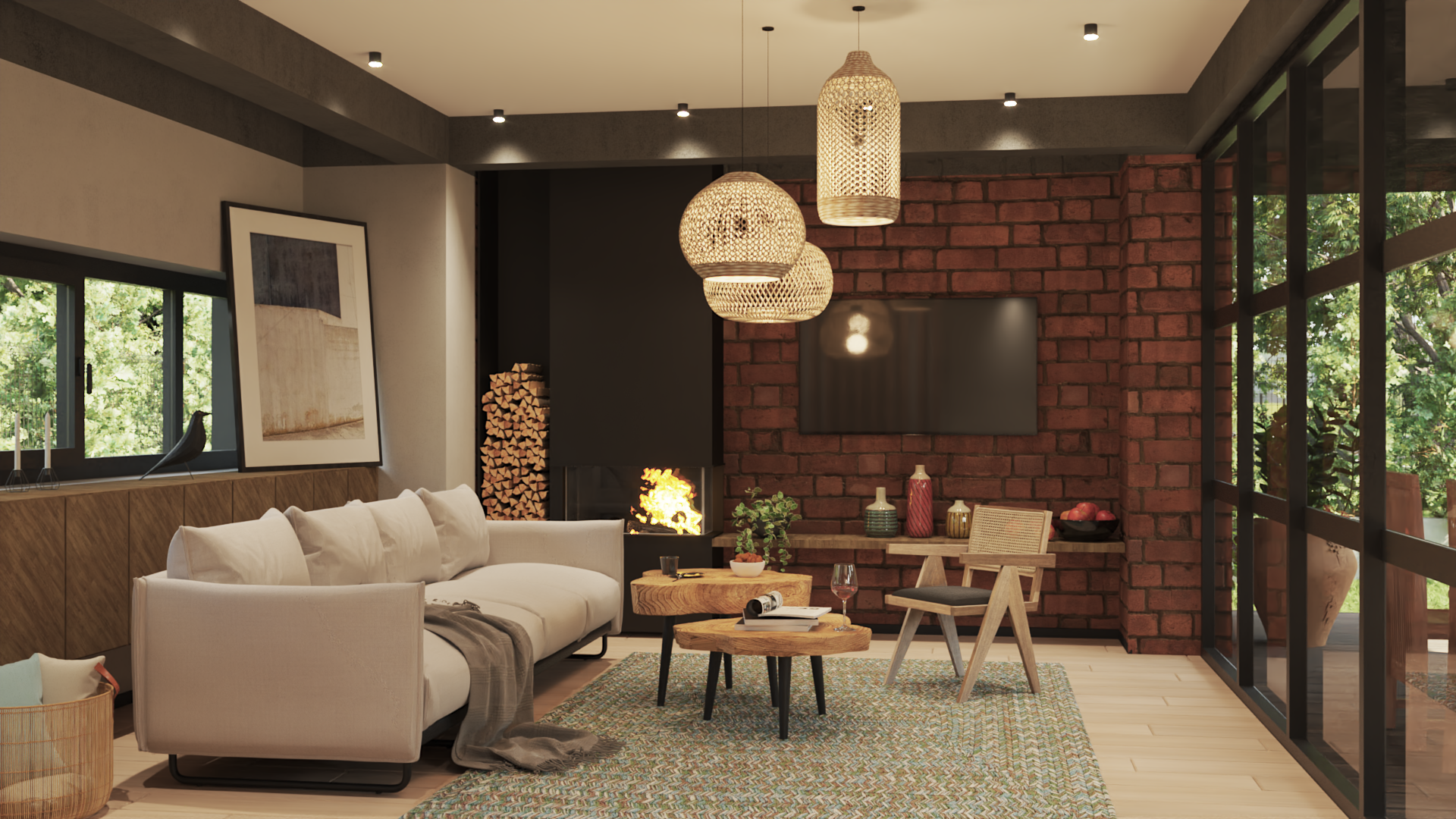 Living room with a white sofa, wooden coffee tables, a brick wall with a mounted flat-screen TV, a modern fireplace with logs, hanging woven pendant lights, large windows with trees outside, and decorative items like vases and bowls.
