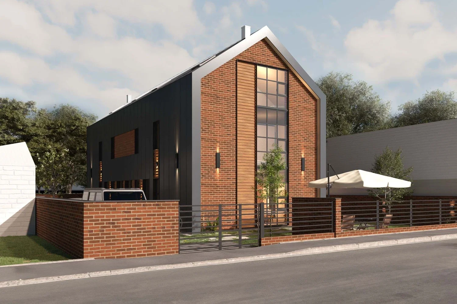 Modern house with a mix of black and red brick exterior, large front window, and a small front yard with a white umbrella, trees, and a sidewalk in the foreground.