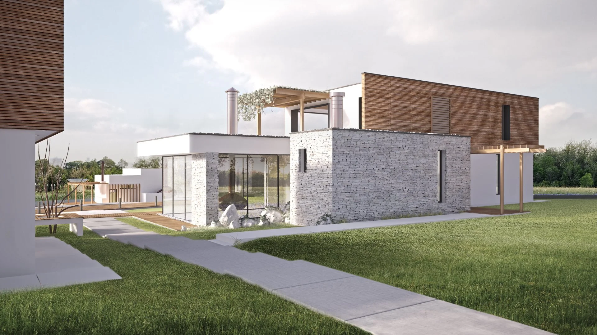 Modern architectural house with white and wood exterior, stone accents, and large glass windows surrounded by green lawn and pathway.