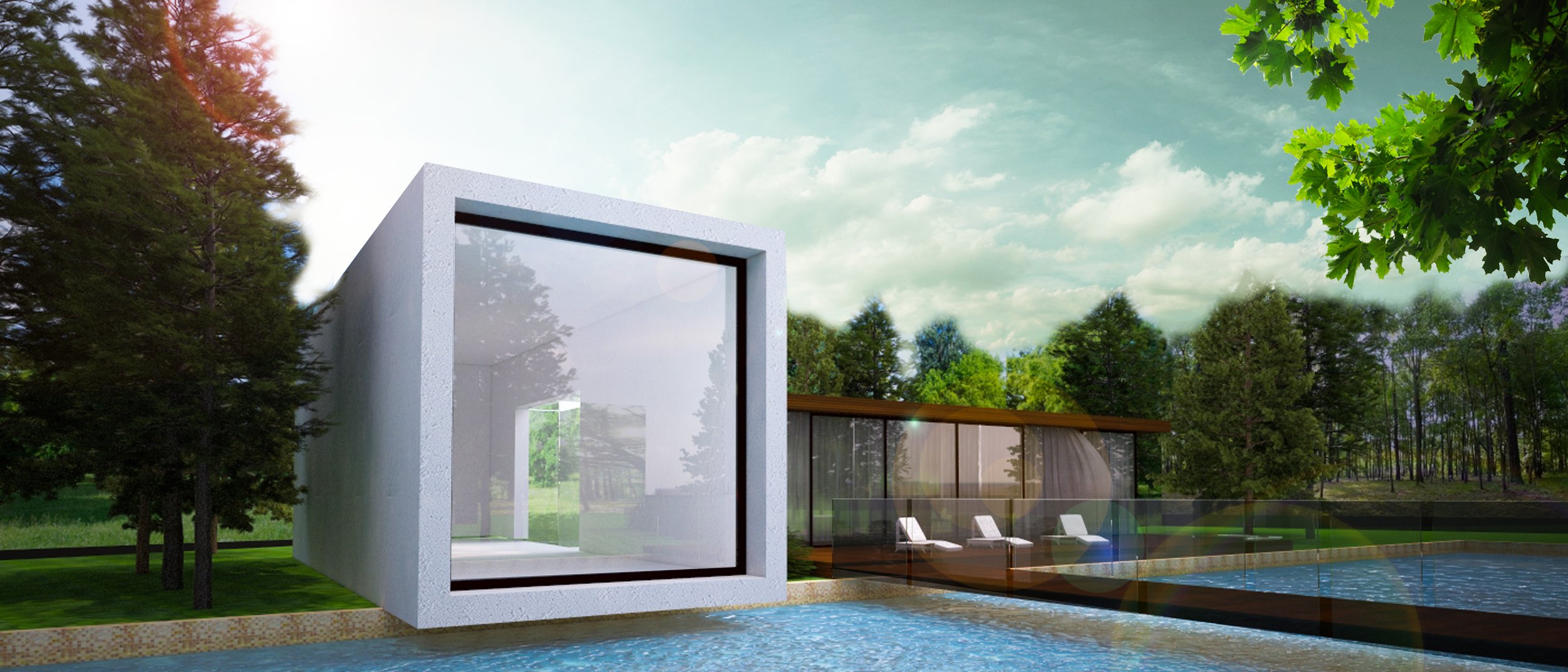 Modern house with large glass windows, pool, surrounded by trees, with a partly cloudy sky.