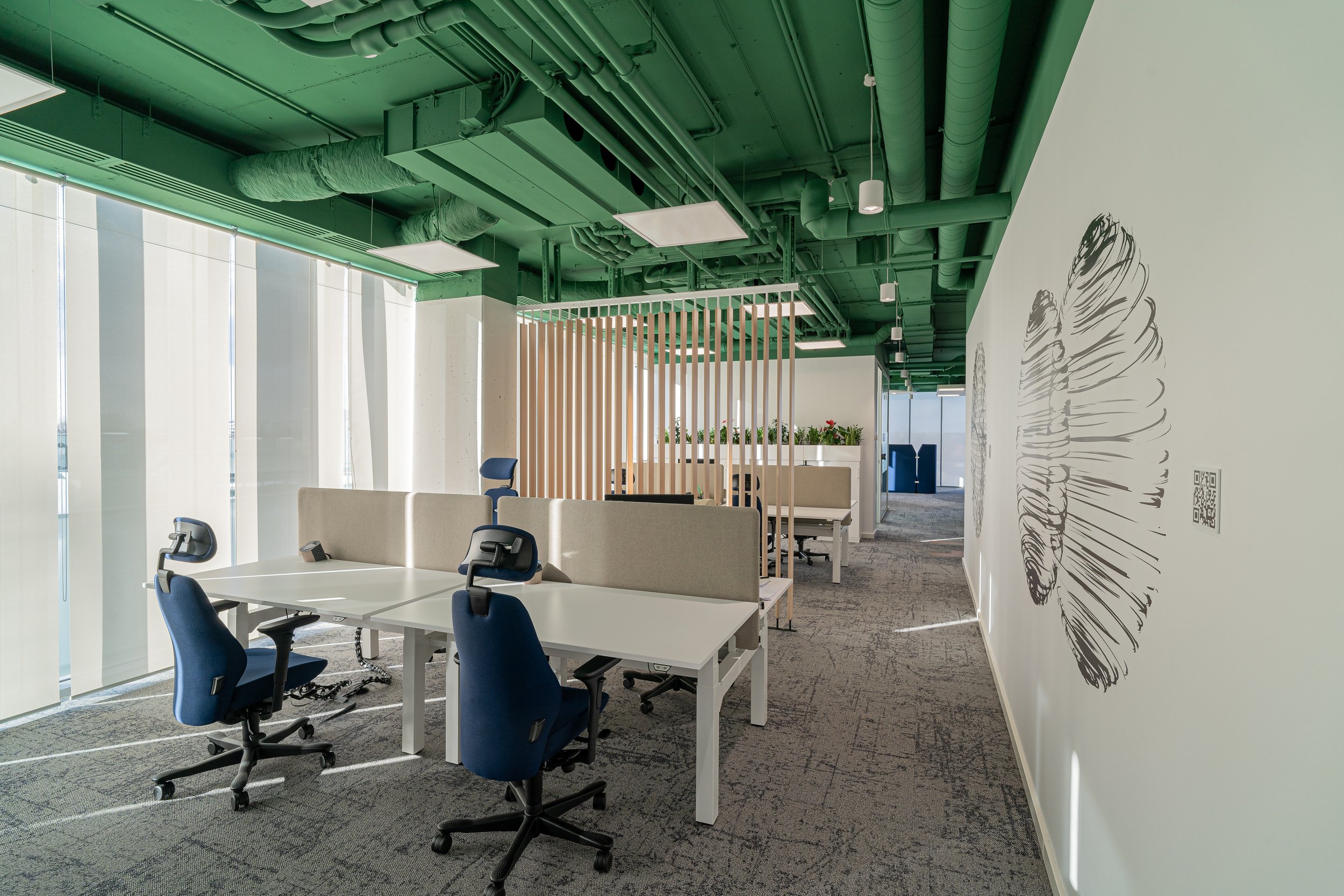 Modern office workspace with white tables, blue ergonomic chairs, beige privacy screens, and a green ceiling with exposed pipes. Large window panels on the left let in natural light. On the right wall, there are artistic black line drawings of butterfly wings. A QR code is also visible on the right wall.