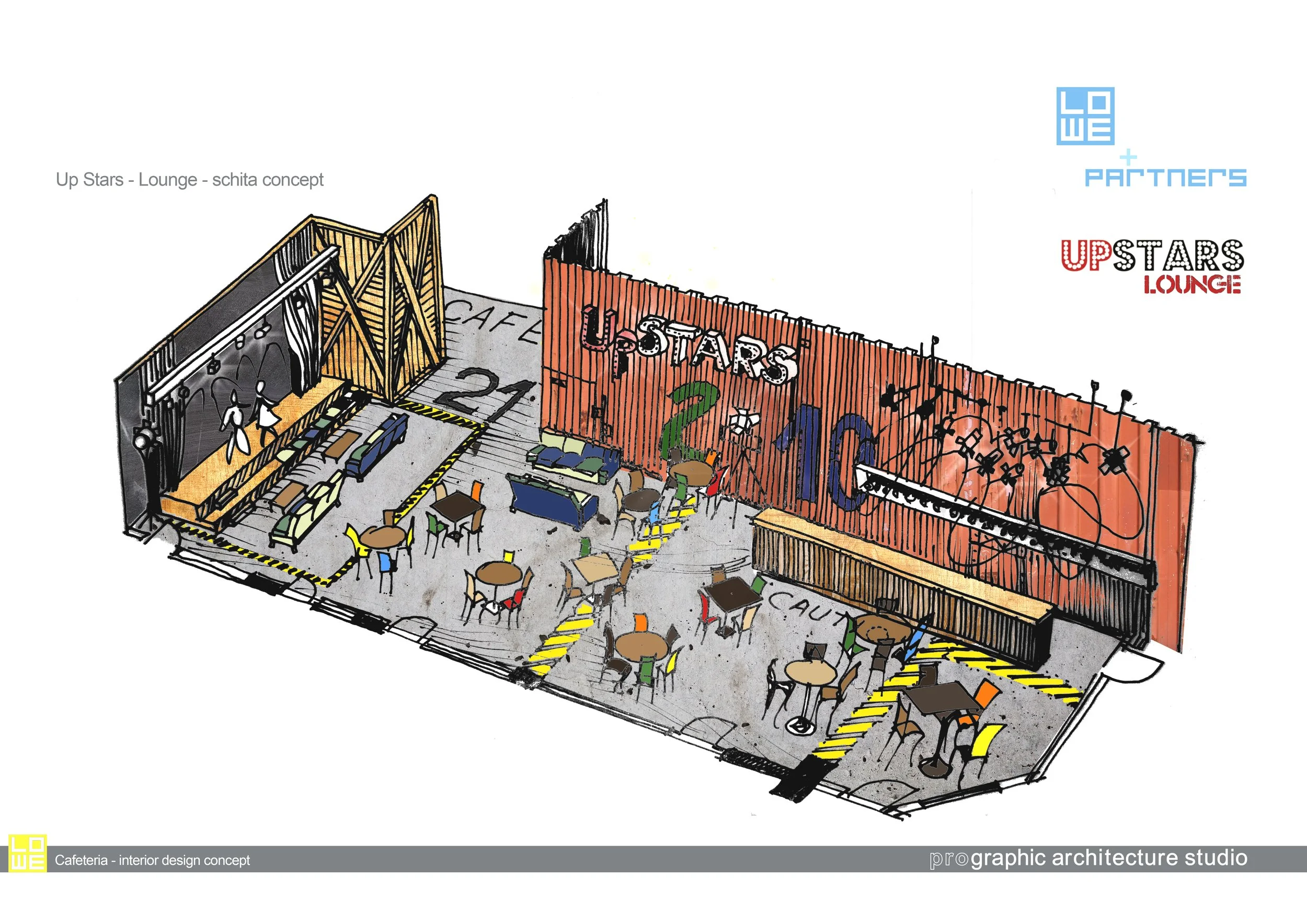 Interior design concept of a cafeteria with seating areas, a stage with lighting, a large patterned brick wall, and a decor featuring large colorful letters spelling USTARS and 21.
