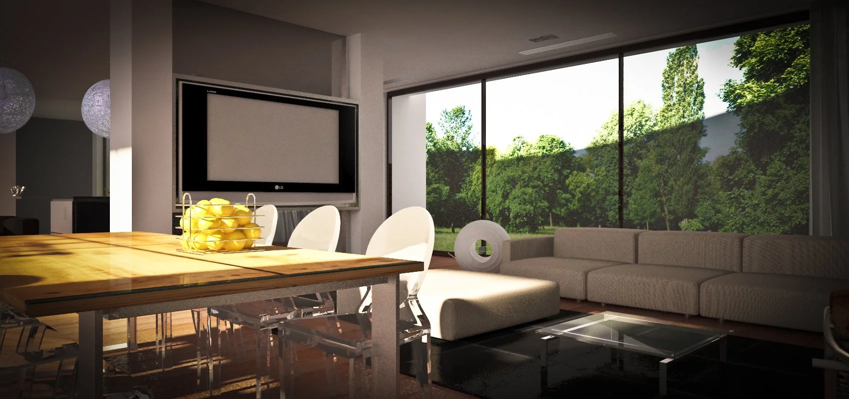 Modern living room with large windows, beige sectional sofa, dining table with white chairs, wall-mounted TV, and green outdoor view