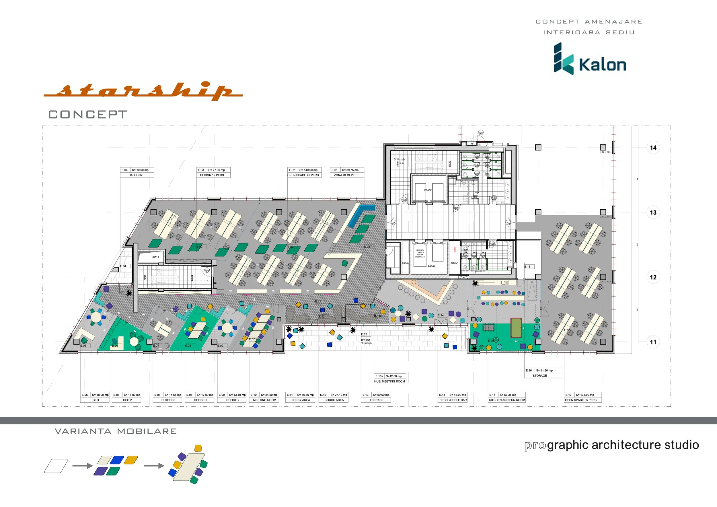 Floor plan of an office or co-working space named 'Starship' with various designated areas including offices, meeting rooms, open spaces, and recreational areas. The layout features tables, seating areas, and a terrace, along with labels indicating space sizes and functions.