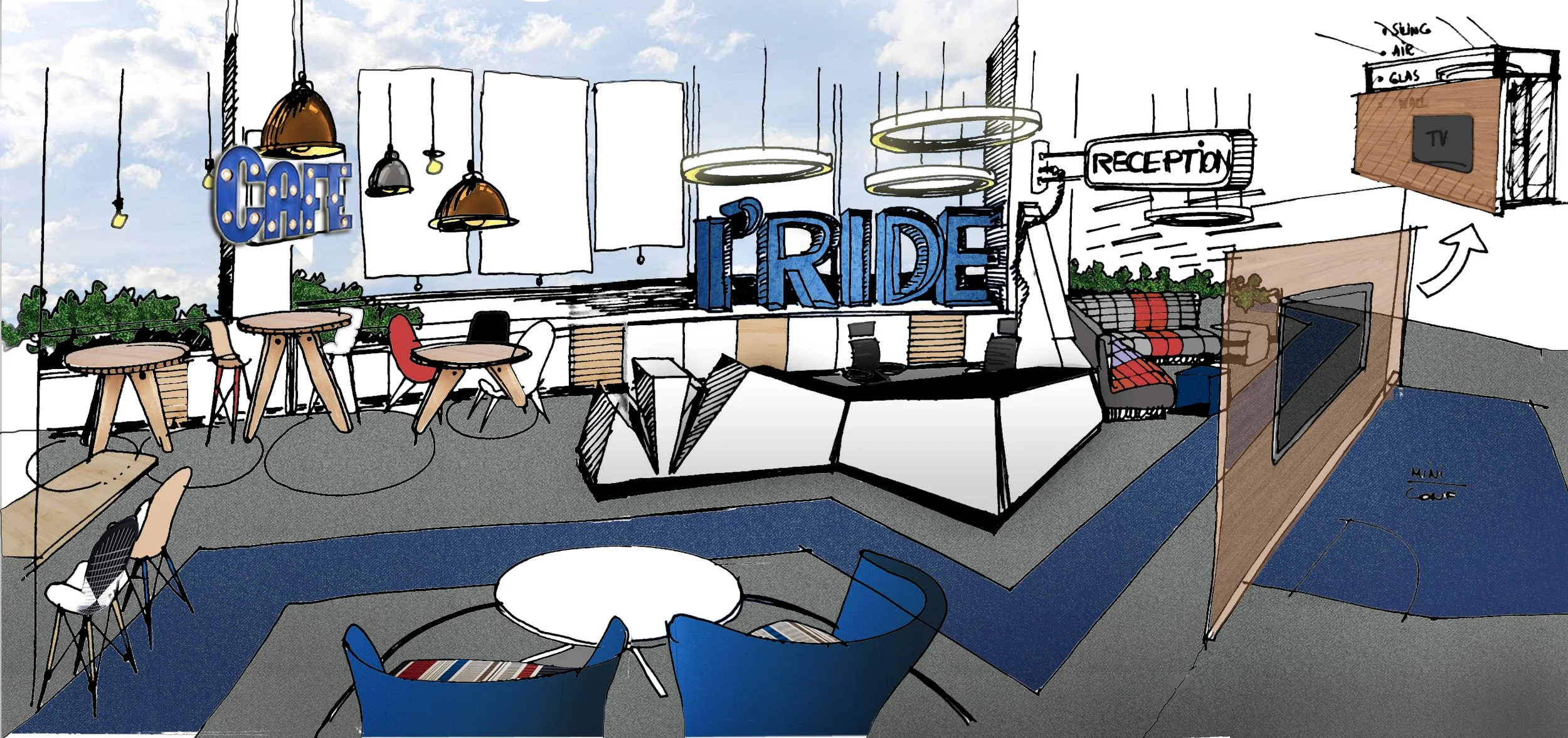 Interior of a modern lounge or reception area with decorative signage saying 'Café' and 'Pride', multiple tables and chairs, a reception desk, and a wall-mounted TV.