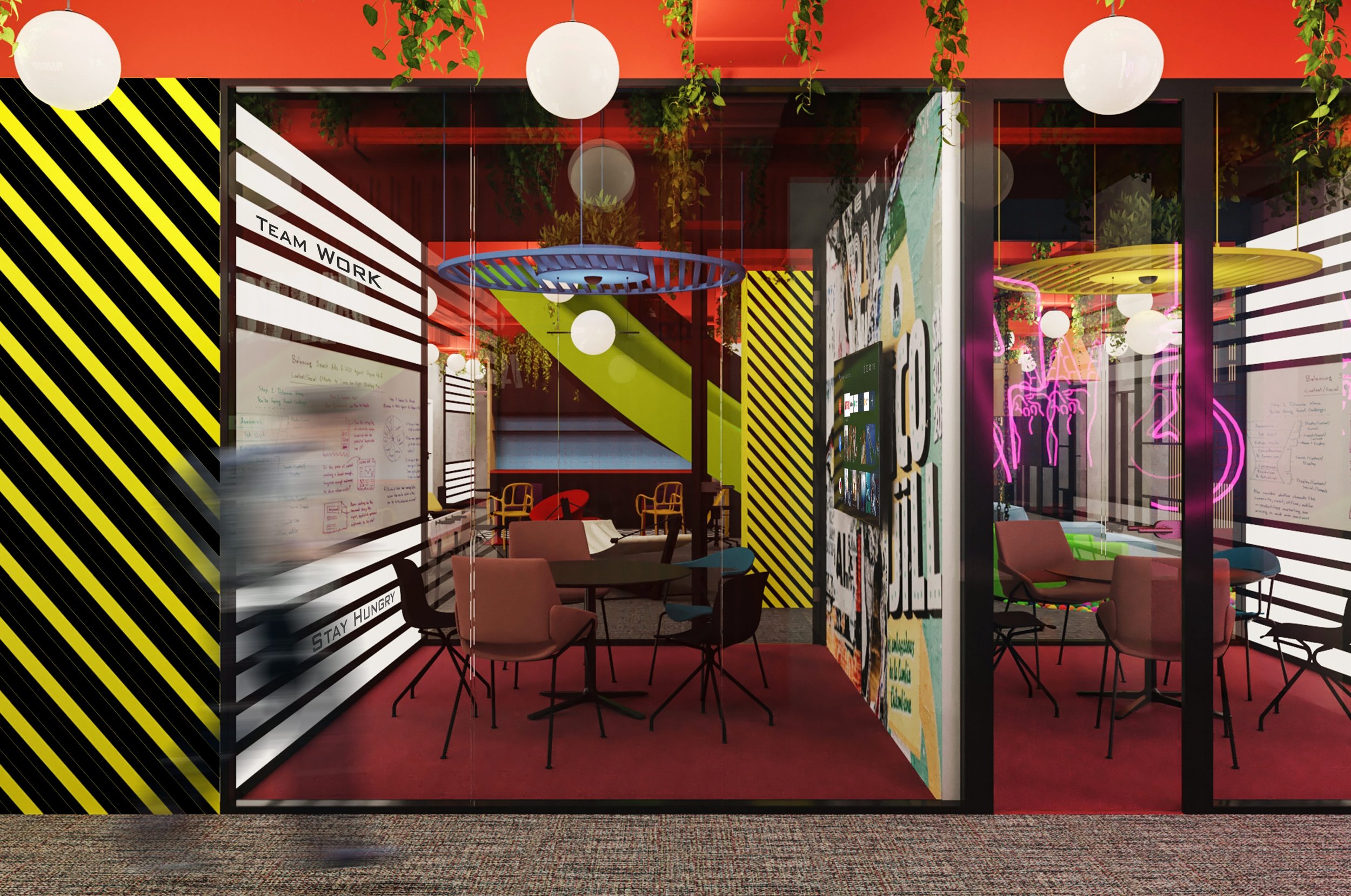 Colorful modern office with striped black and yellow wall, whiteboards, and vibrant wall art. Glass walls reveal meeting areas with chairs and tables, illuminated by round white pendant lights and decorations hanging from the ceiling.