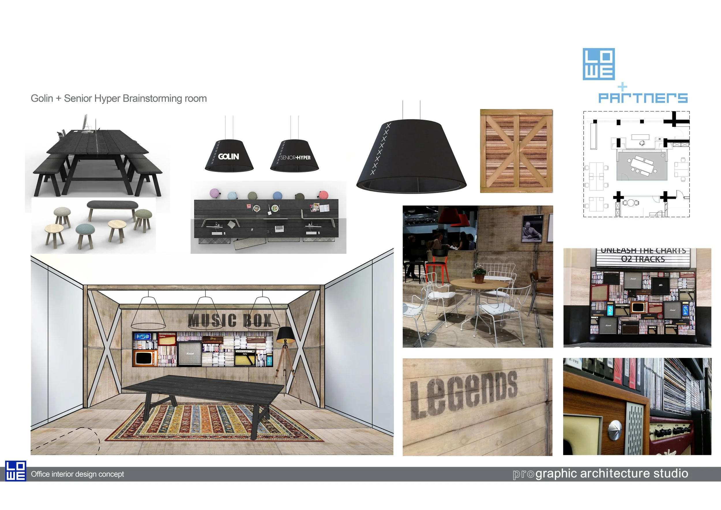 Design board displaying office interior concept with furniture, lighting, and decor elements, including a meeting table, shelving units, lighting fixtures, a lounge area, and decorative wall features.