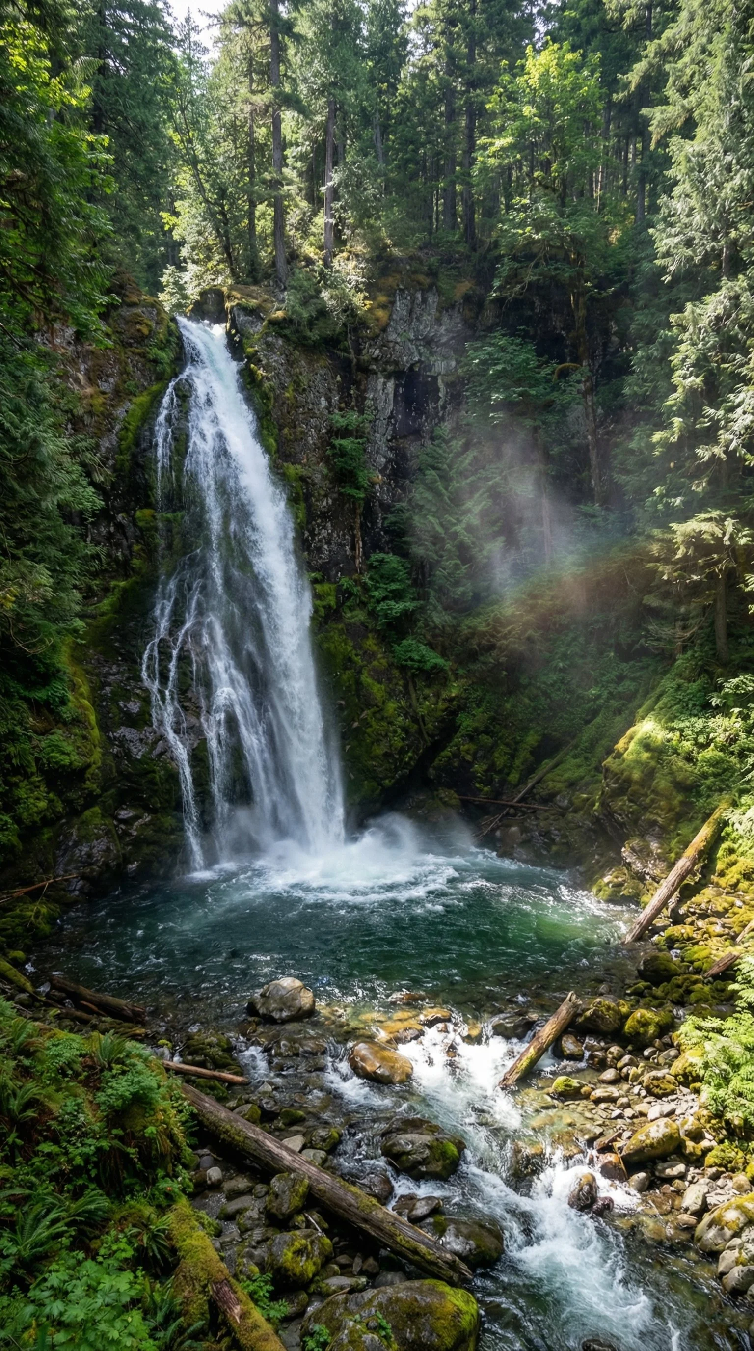 A natural waterfall with a faint rainbow