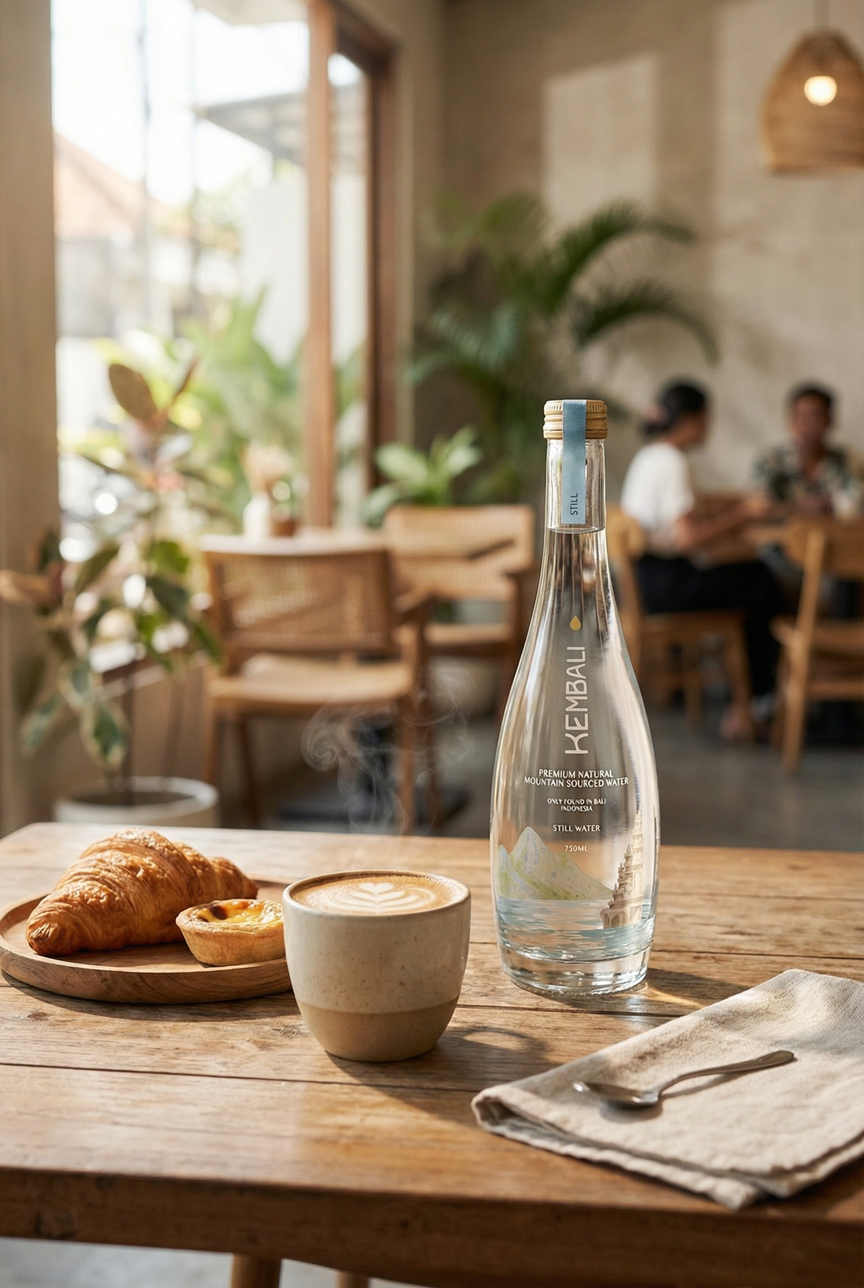 The atmosphere of a Balinese cafe with Kembali Water bottle