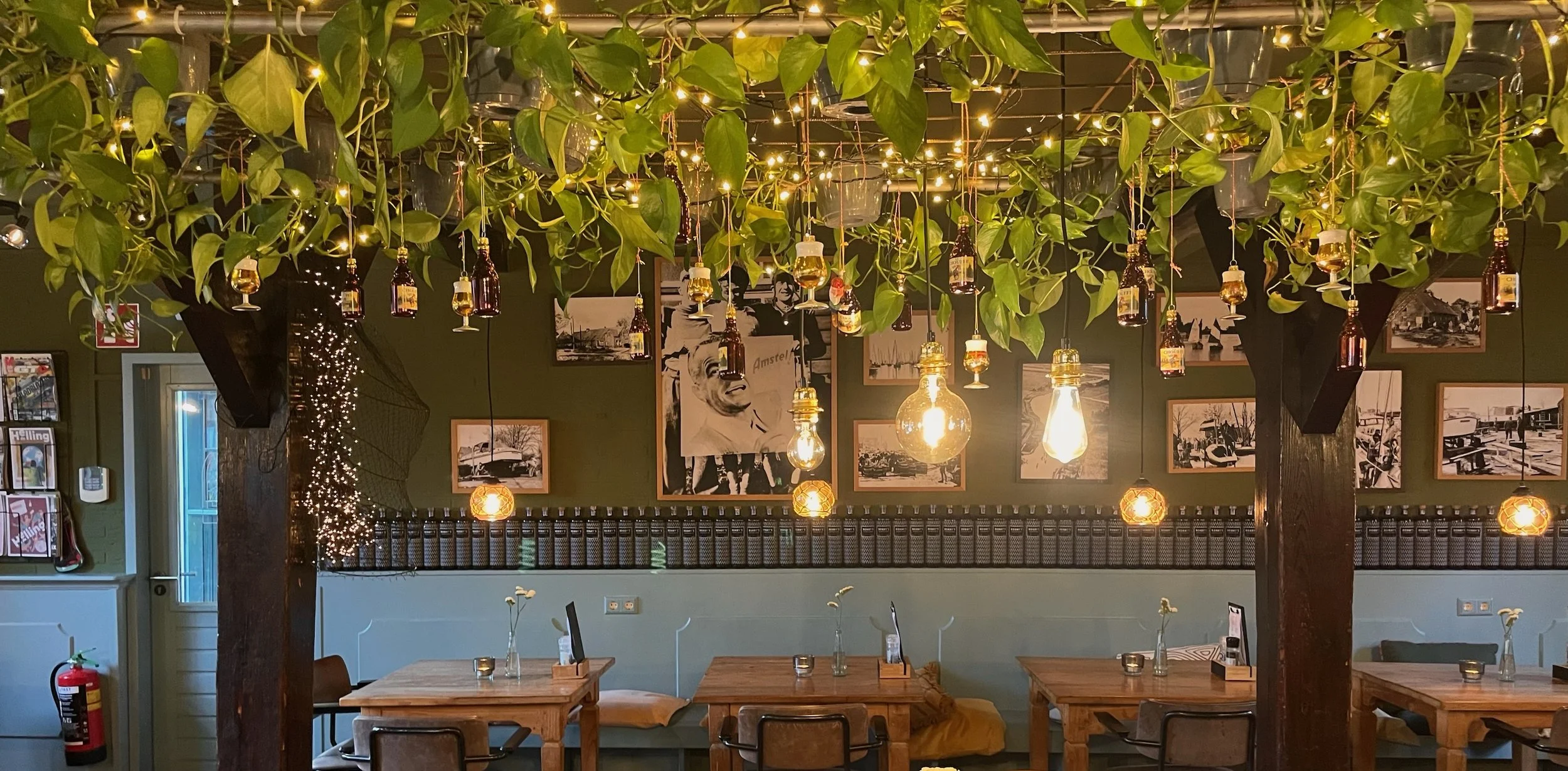 Planten, lampjes, het restaurant