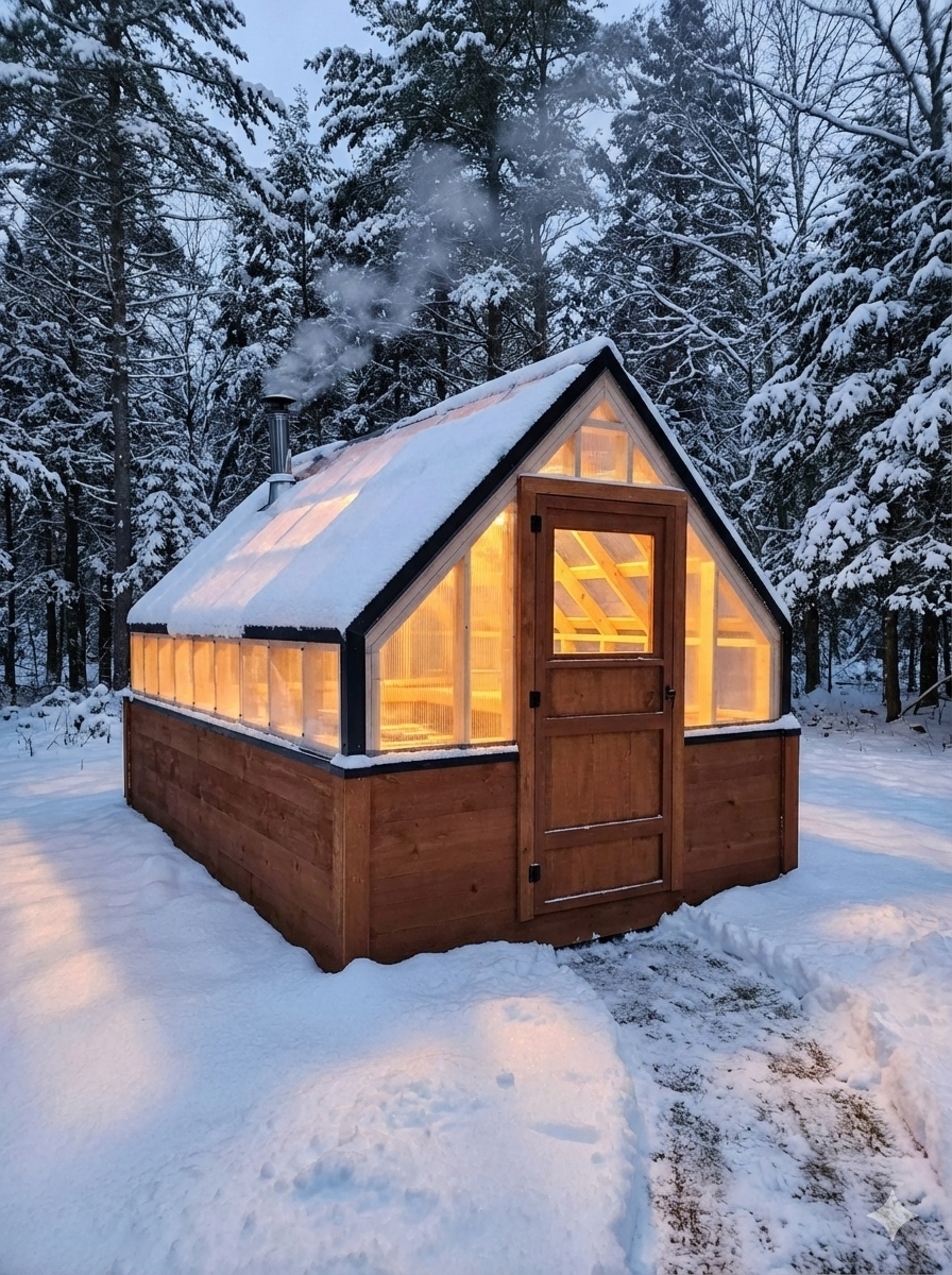 A small wooden greenhouse with a snow-covered roof, emitting warm yellow light, surrounded by snow-covered trees in a winter landscape.