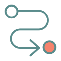 Ein schematischer Flussdiagramm mit einer Kurve und einem Pfeil, der auf einen roten Kreis zeigt.