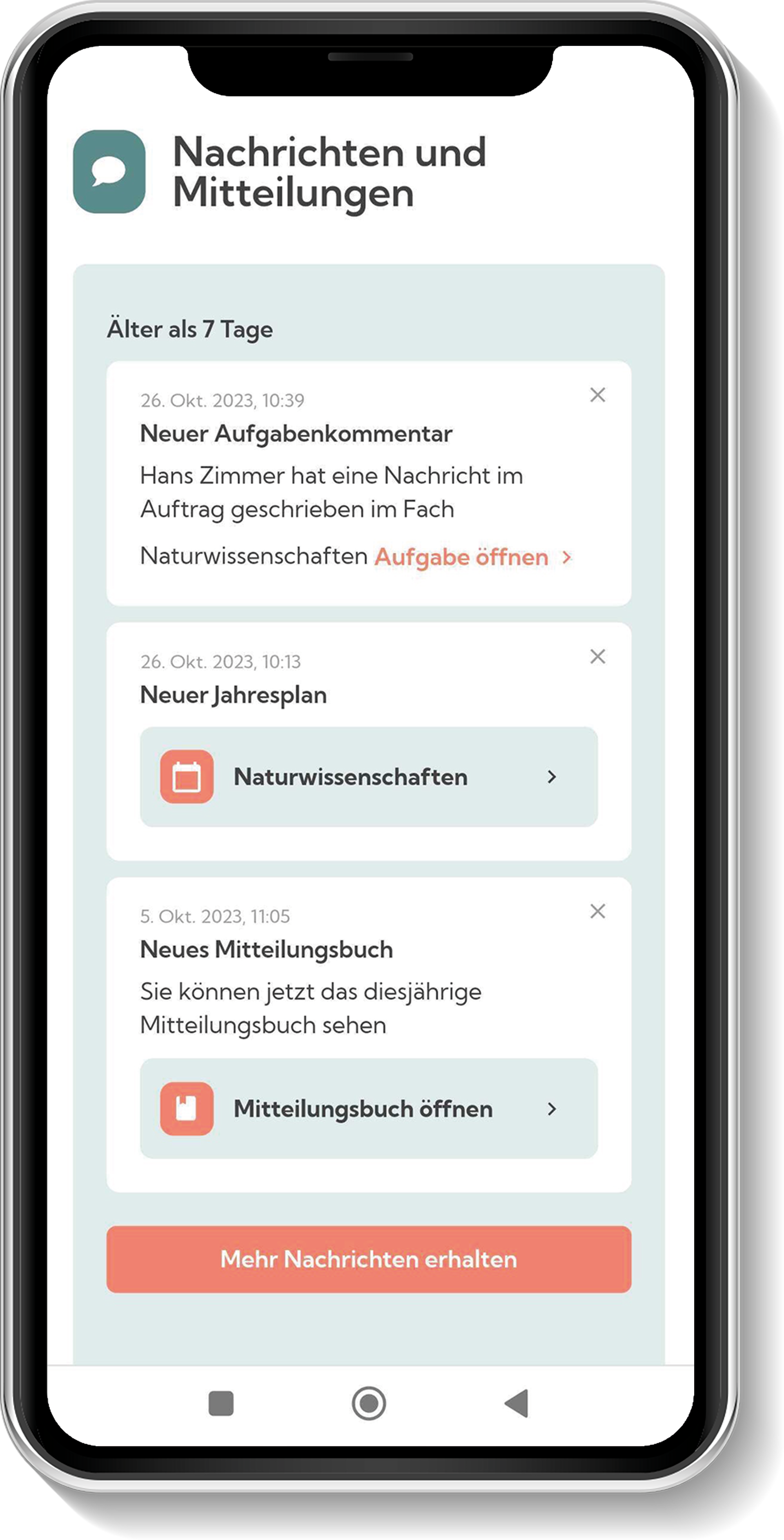Screenshot eines Smartphones, das eine Nachrichten- und Mitteilungen-App mit verschiedenen Benachrichtigungen zeigt, inklusive neuer Aufgaben, Jahresplan und Mitteilungsbuch.