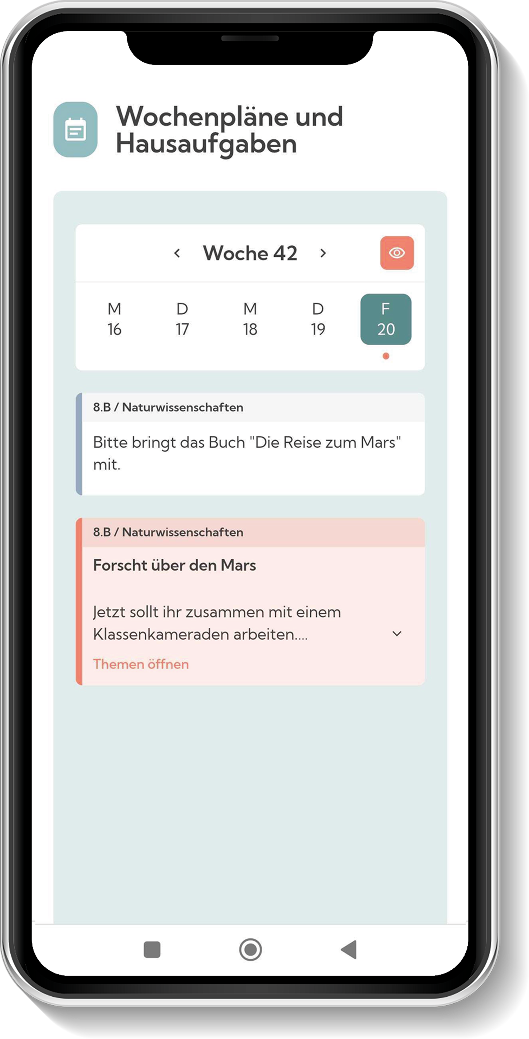 Screenshot einer Wochenplanung und Hausaufgabenliste auf einem Smartphone, angezeigt für die Woche 42, mit Terminen und Aufgaben für Naturwissenschaften, einschließlich eines Buches und eines Forschungsprojekts über den Mars.