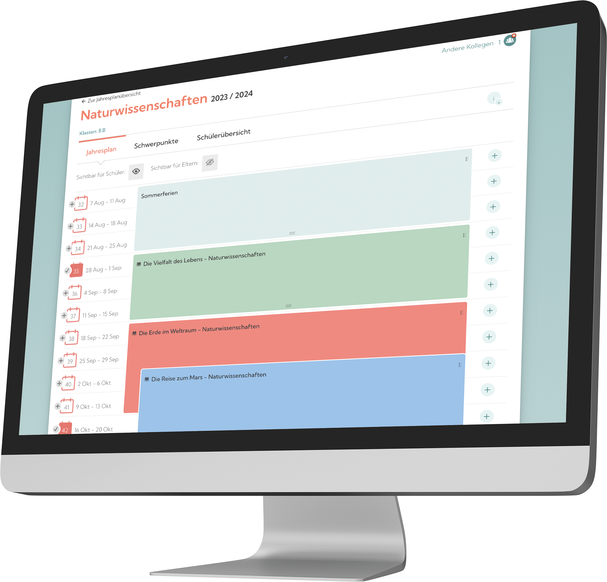 iMac mit geöffneter Meebook-Lernplattform und Wochenplan-Übersicht, die zeigt, wie Lehrkräfte Zeit und Ressourcen sparen können