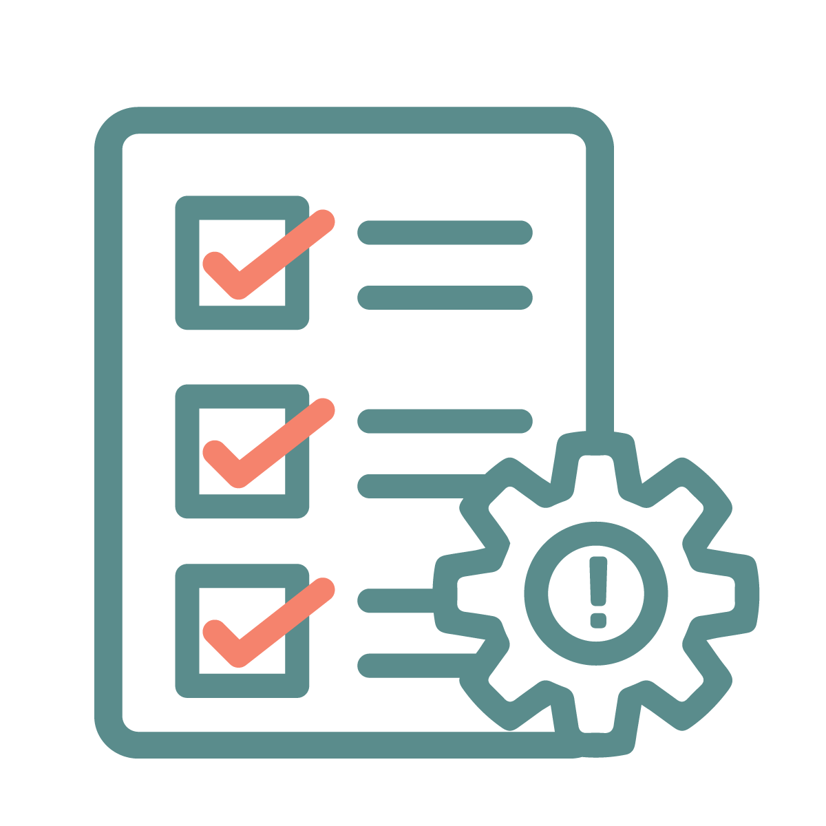 Symbolbild eines digitalen To-Do-Listen-Systems mit drei Häkchen, einem Warnzeichen in einem Zahnrad, das auf Wartung oder Probleme hinweist.