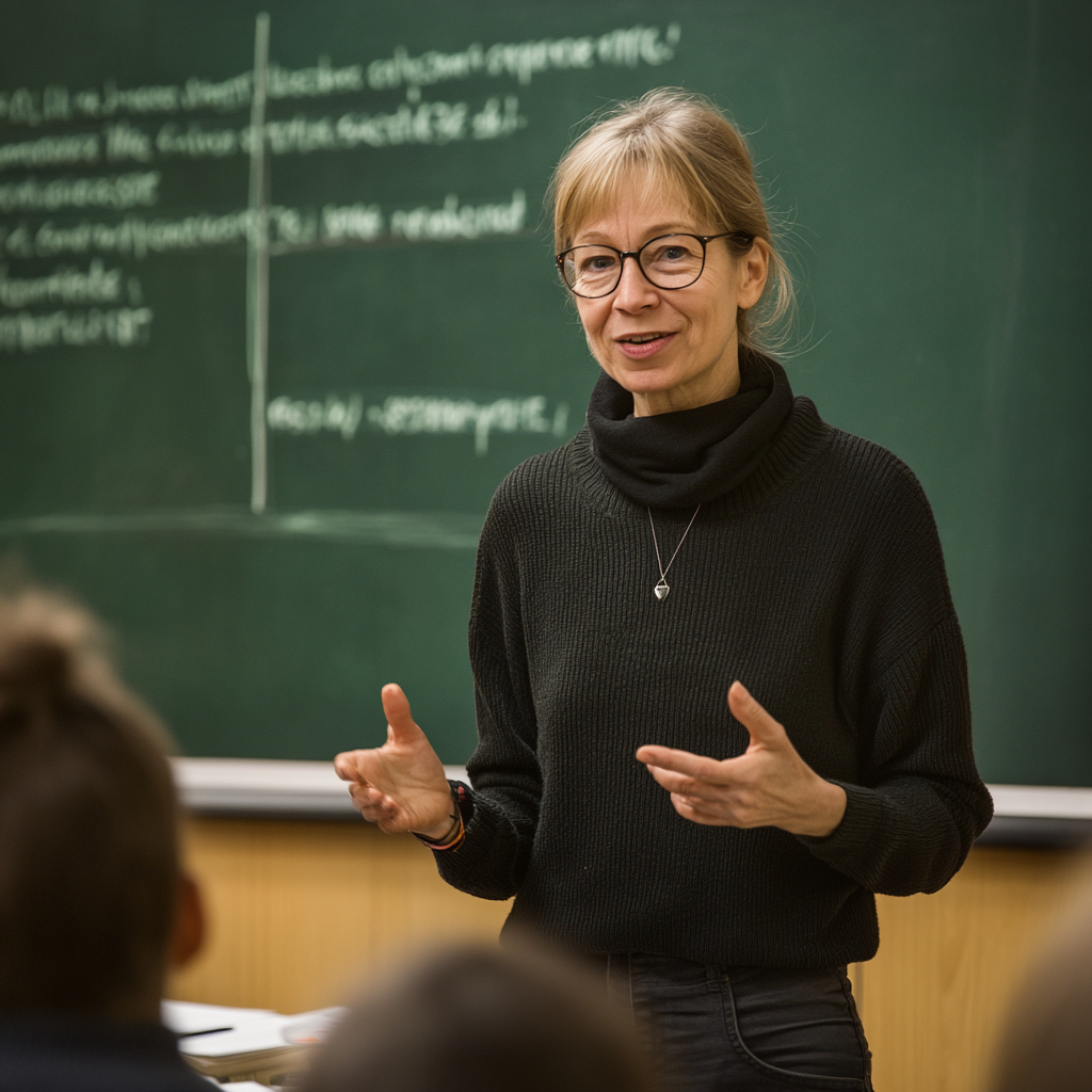 „Lehrerin steht vor der Tafel und erklärt den Unterricht, genutzt für die Darstellung der Meebook Lernplattform für Schulen.“
