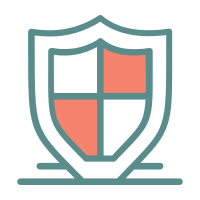 Symbol eines Schutzschilds mit einem Schildmotiv innerhalb, aufgeteilt in vier Felder, zwei rot, zwei blau.
