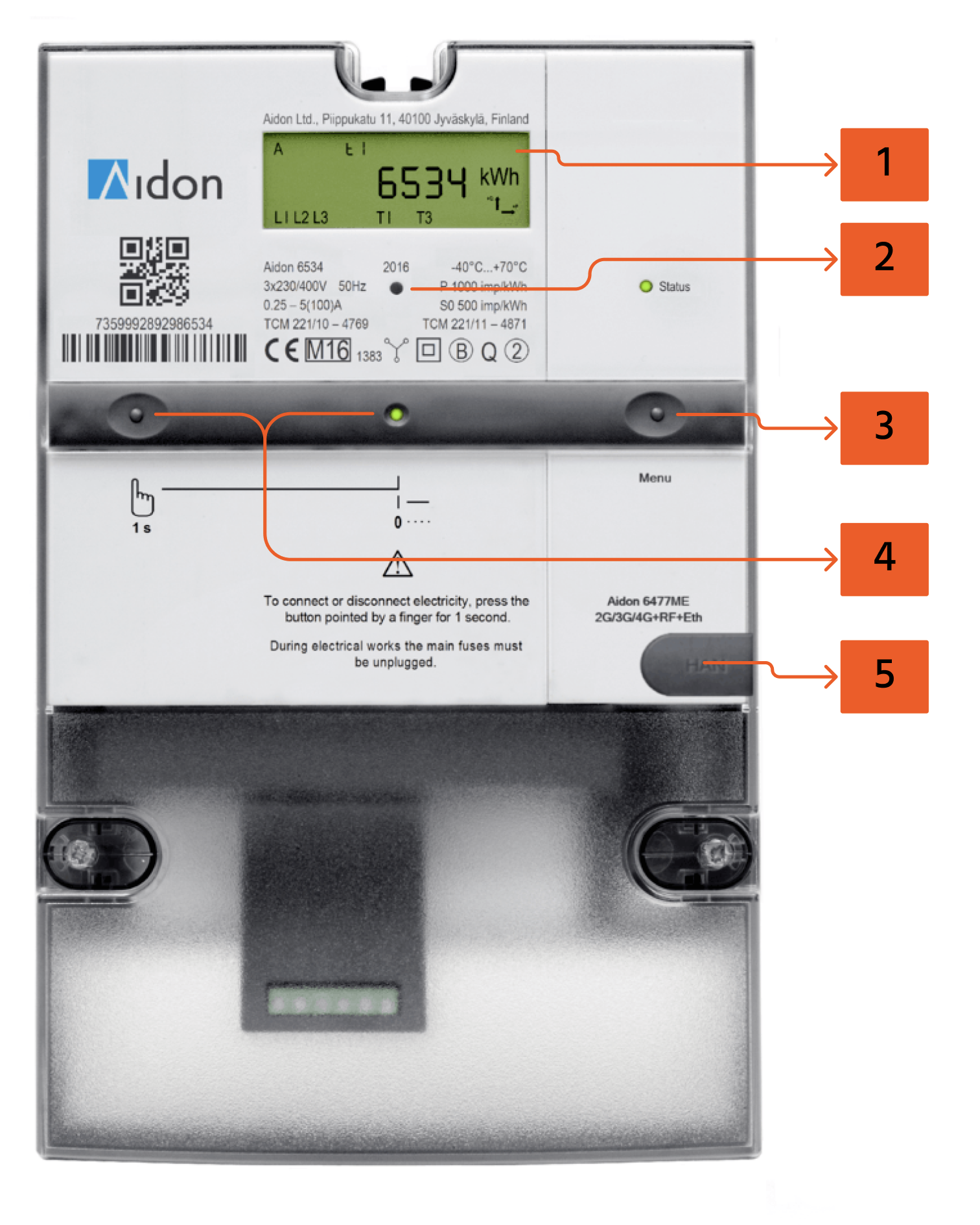 Elektrisk måler med digital skjerm som viser forbruk i kWh, med indikatorer for status og ulike kontroller.