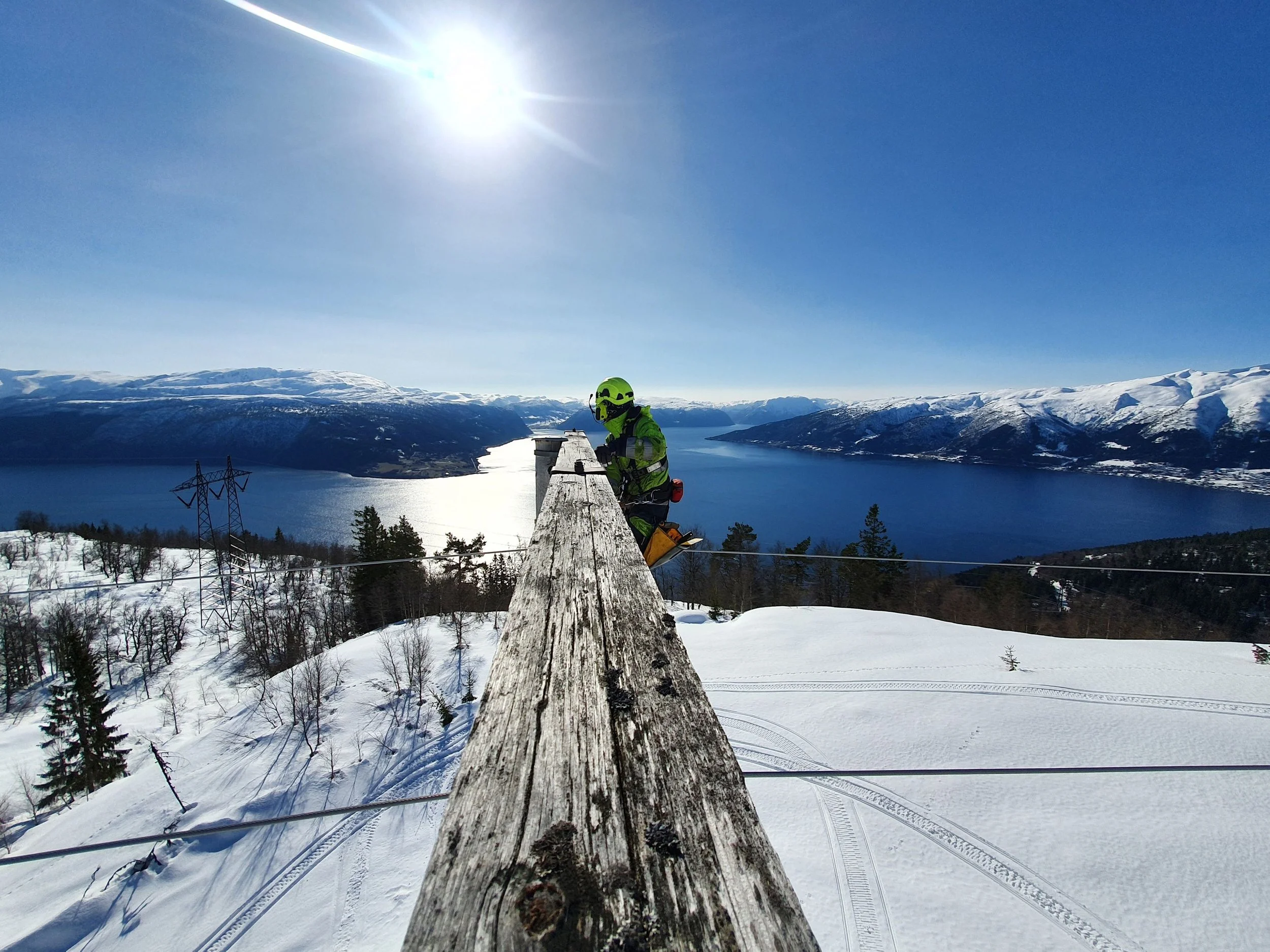 En arbeider med hjelm og utstyr på et snødekt underlag, som klatrer på en trestamme, med en innsjø og snødekte fjell i bakgrunnen under en solrik klar himmel.