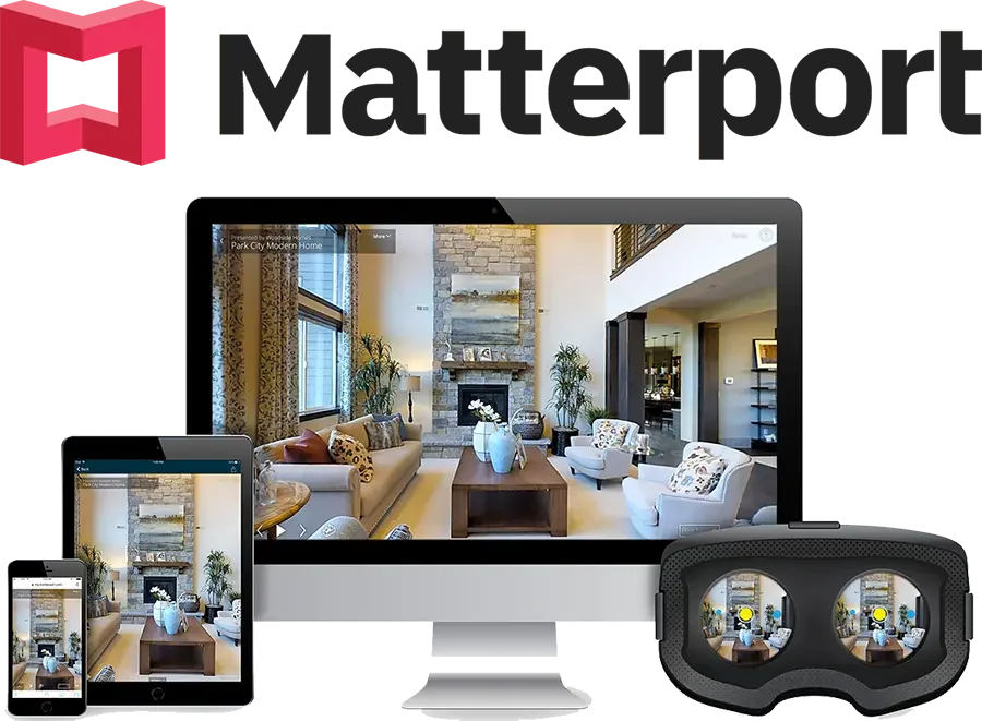 Matterport logo and viewing devices.