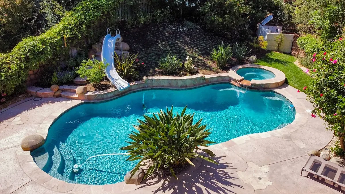 Backyard with swimming pool and spa at 353 Lynn Oaks Court in Thousand Oaks, CA.