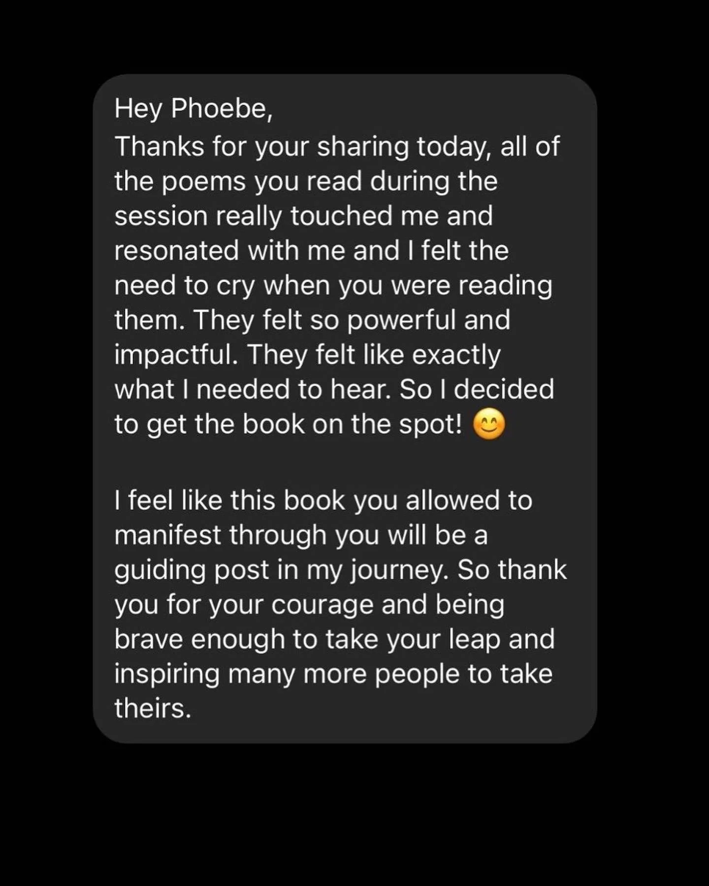 A screenshot of a heartfelt message expressing gratitude and reflection on a poetry session, mentioning emotional impact, personal growth, and inspiration.