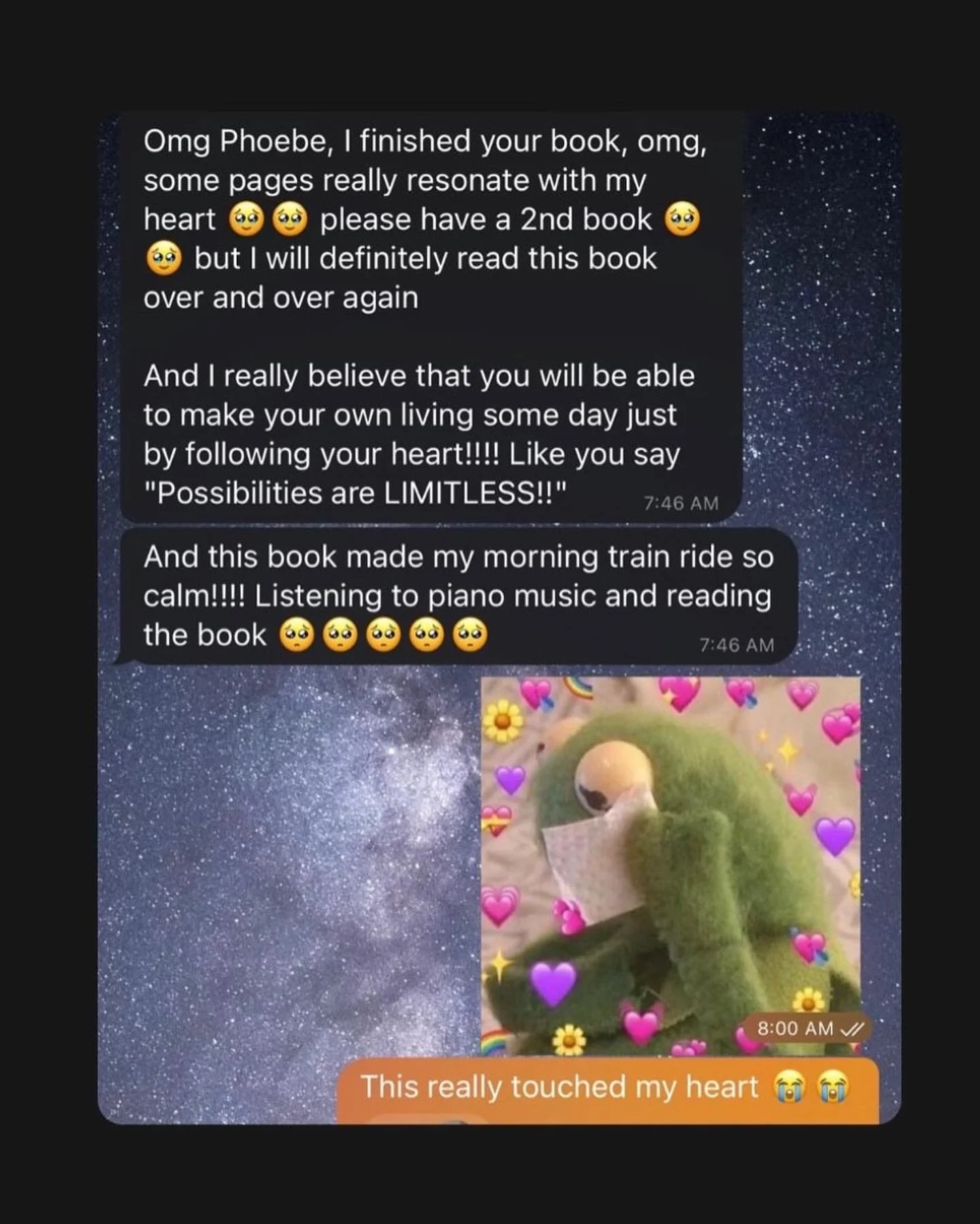 Screenshot of a text message conversation about a book, including a picture of a plush green bird holding a mask, surrounded by colorful heart and rainbow emojis.
