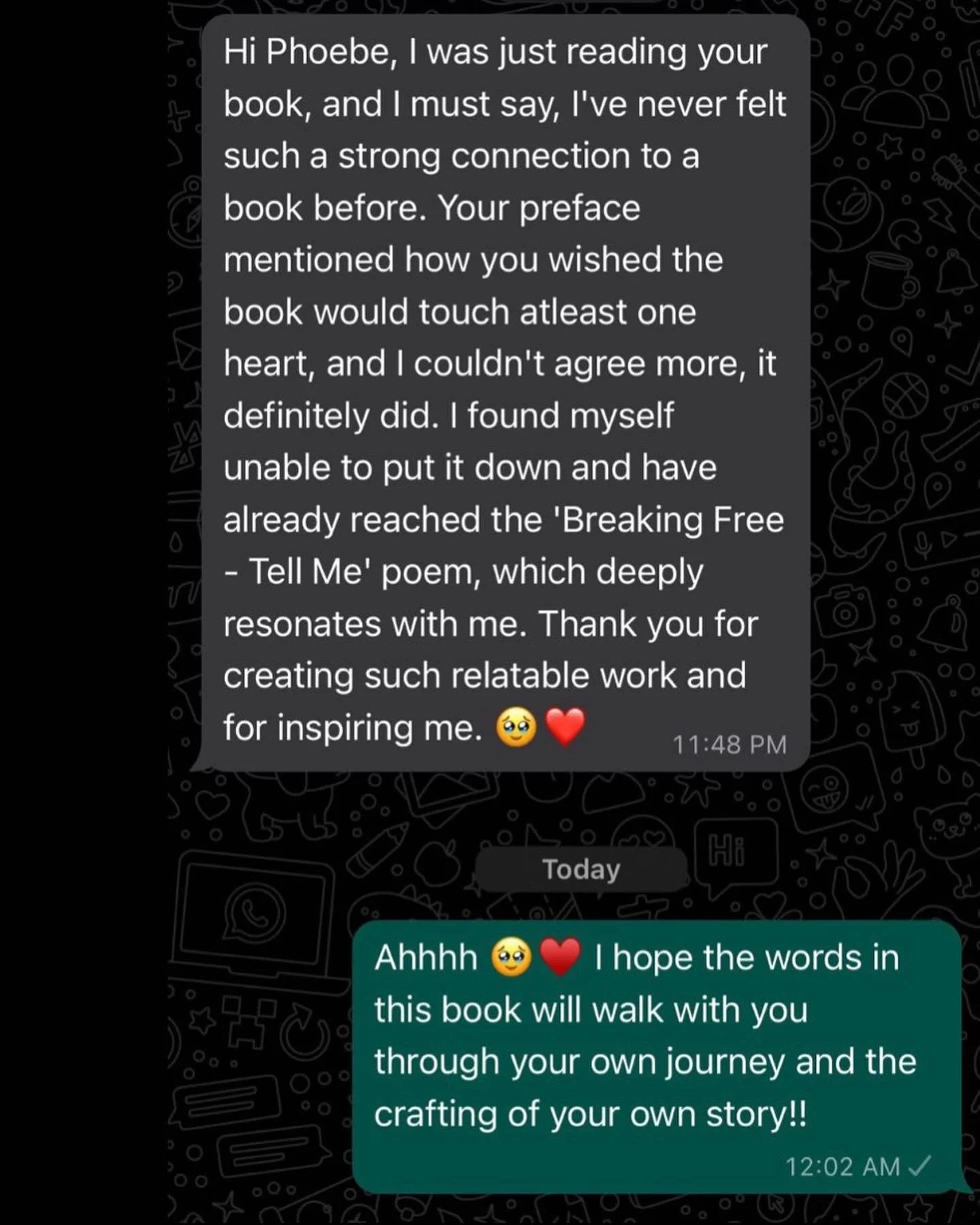 Screenshots of a WhatsApp conversation with two users exchanging messages about a book and its impact on them, including emojis like a smiling face with a tear and a red heart.