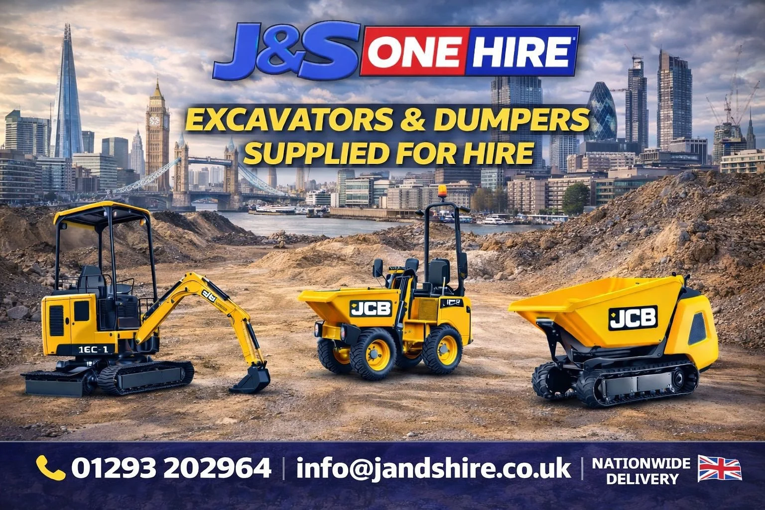 Advertisement for J&S One Hire showing yellow construction equipment including a mini excavator, a dump truck, and a roller on a construction site with a city skyline and Tower Bridge in the background. Contains contact information and a note about nationwide delivery.