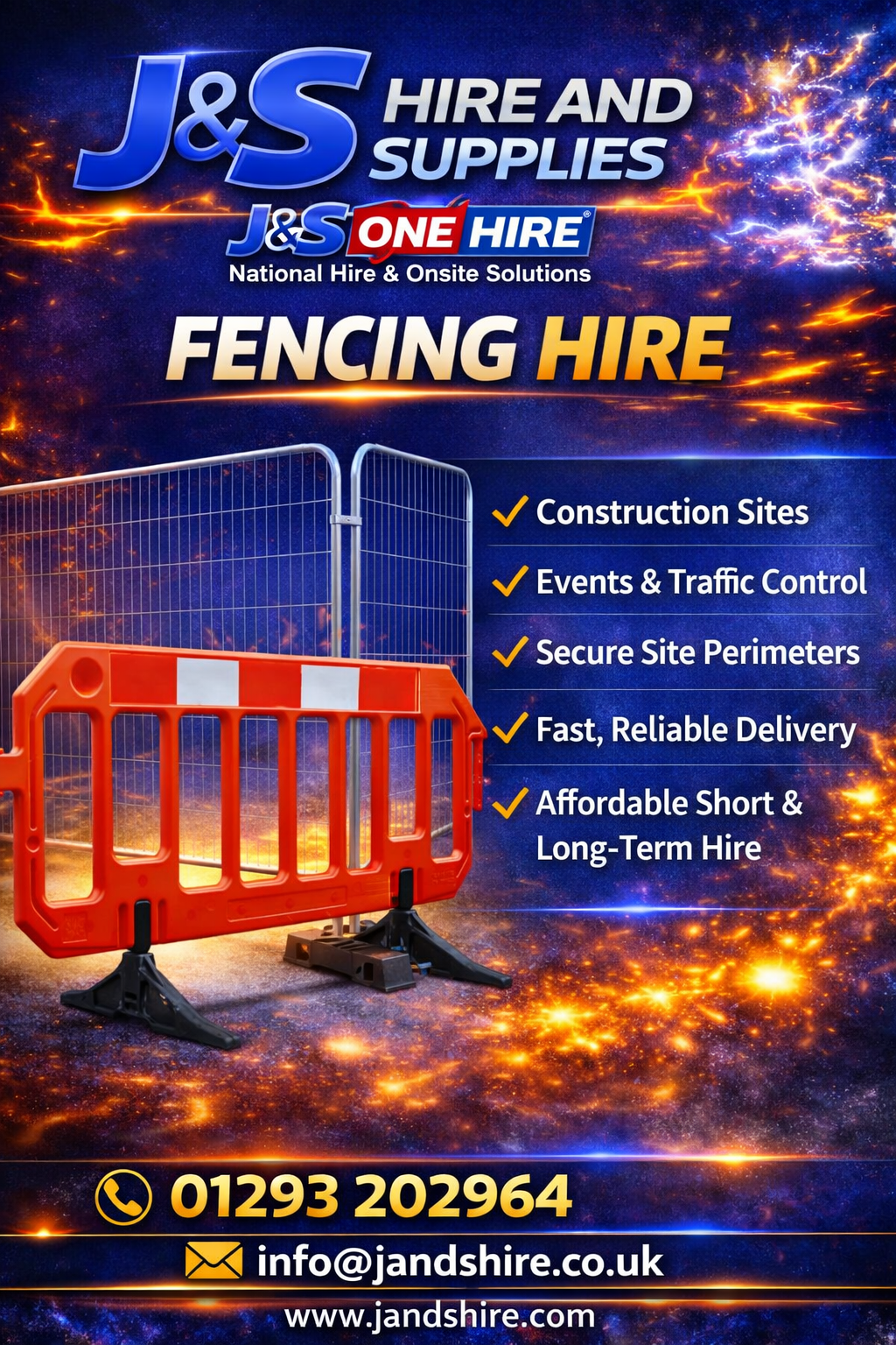 Advertisement for J&S Hire & Supplies offering fencing hire services. Features an image of an orange construction barrier with a background of galaxy-like effects and a blue metal fence. Lists services such as construction sites, events and traffic control, secure site perimeters, fast reliable delivery, and affordable short and long-term hire. Includes contact details: phone number, email, and website.