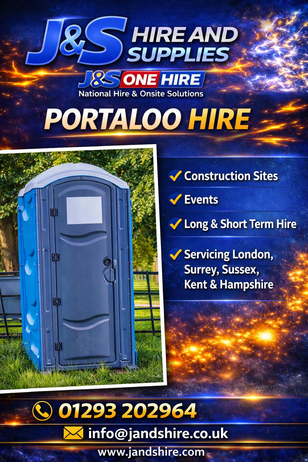 Advertisement for J&S Hire and Supplies featuring a portable toilet with contact information and list of services.