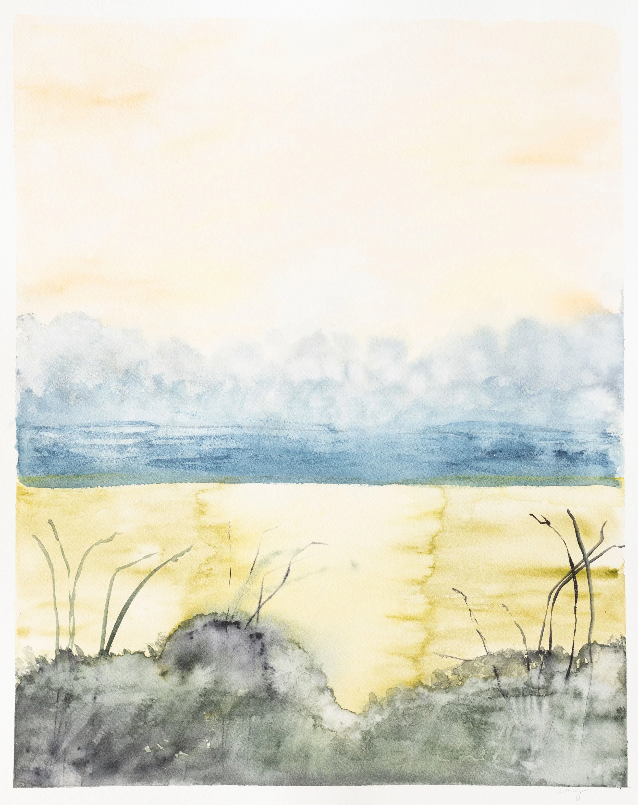 Watercolor painting of a seascape with a pastel sky, blue water, and shrubs in the foreground.