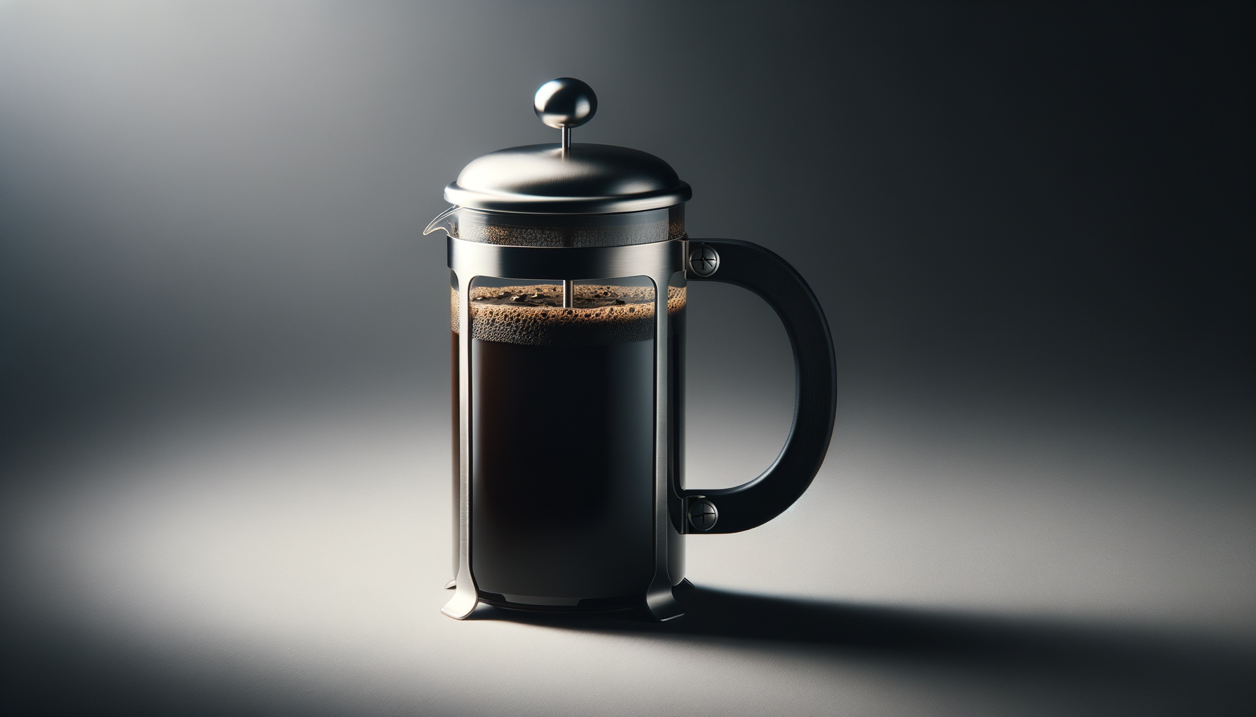 French press coffee maker filled with brewed coffee, placed on a light surface with a dark background.
