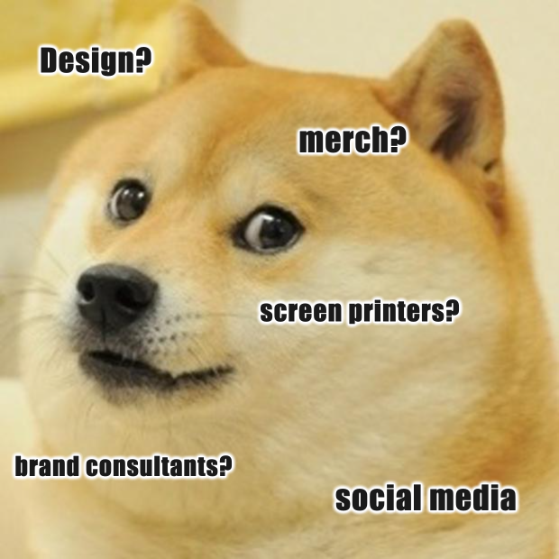 Close-up of a Shiba Inu dog with overlaid text mentioning design, merch, screen printers, brand consultants, and social media.