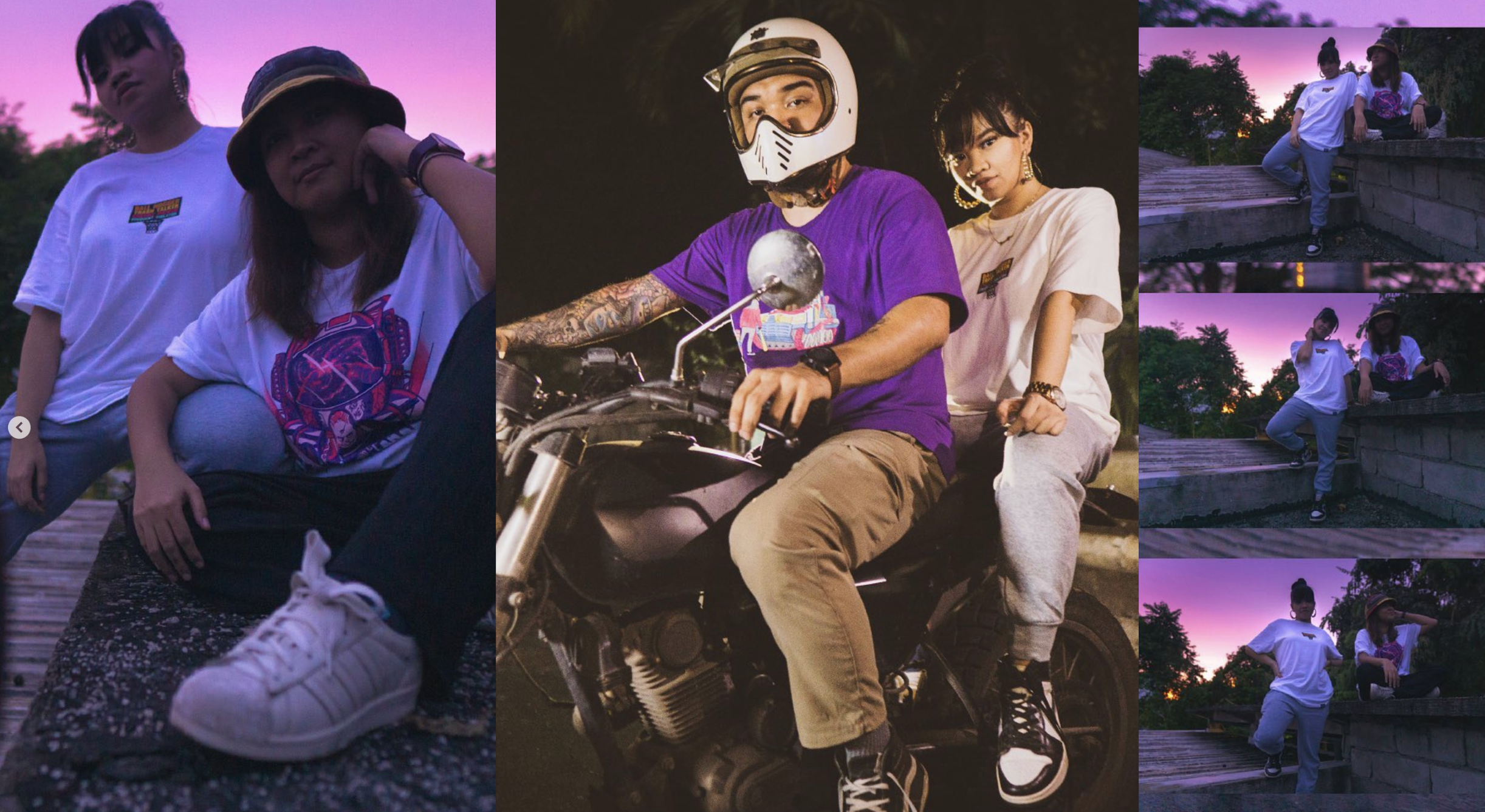 Group of young people hanging out outdoors during sunset, with some sitting on a ledge, and one person wearing a helmet sitting on a motorcycle while others stand or sit nearby, trees in the background and purple sky.