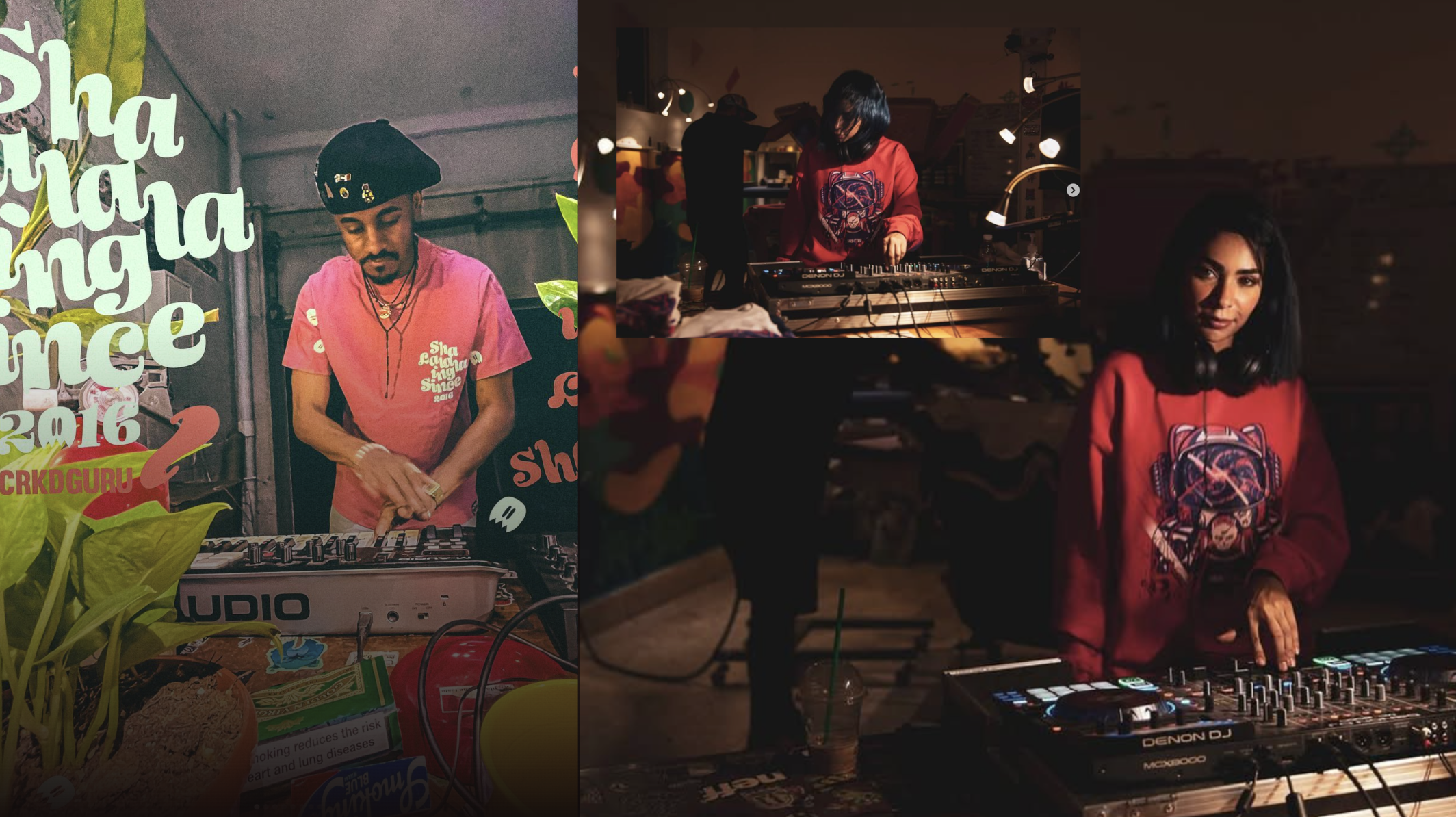 Electric dance music event featuring two DJs in a dimly lit indoor setting. One DJ, wearing a pink shirt, is adjusting equipment on a table with plants and snacks nearby. The other DJ, in a red hoodie, is standing at a DJ controller. There are people