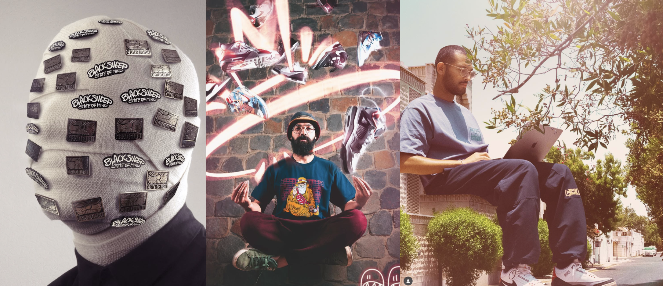 Three-part collage: first shows a white beanie hat with multiple black and brown patches labeled "BLACK SLEEP STATE OF MIND" and "CRKD GURU". Second features a man with a beard, glasses, and a hat meditating in front of a brick wall with neon sneaker