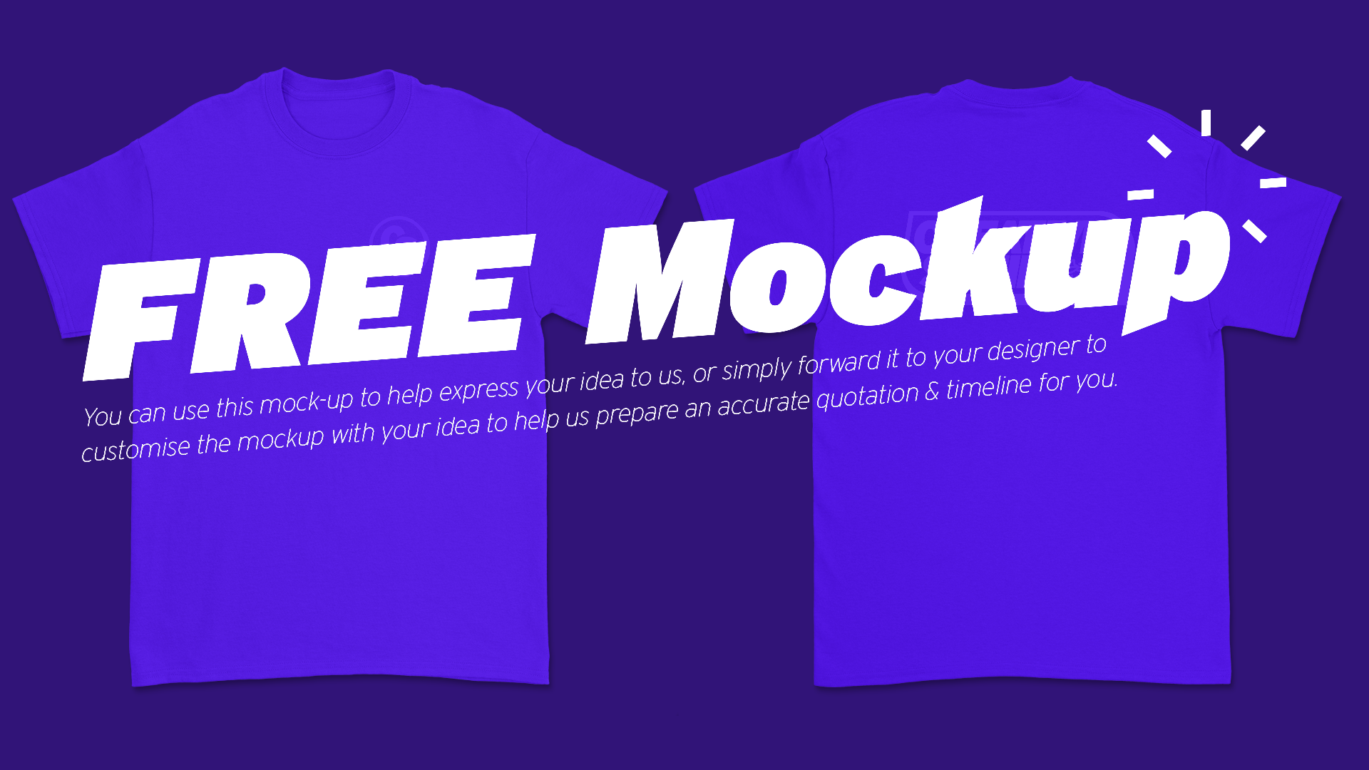 Two purple T-shirts displayed side by side with a large white text overlay that reads "FREE MOCKUP" and smaller white text below explaining the mock-up's purpose.