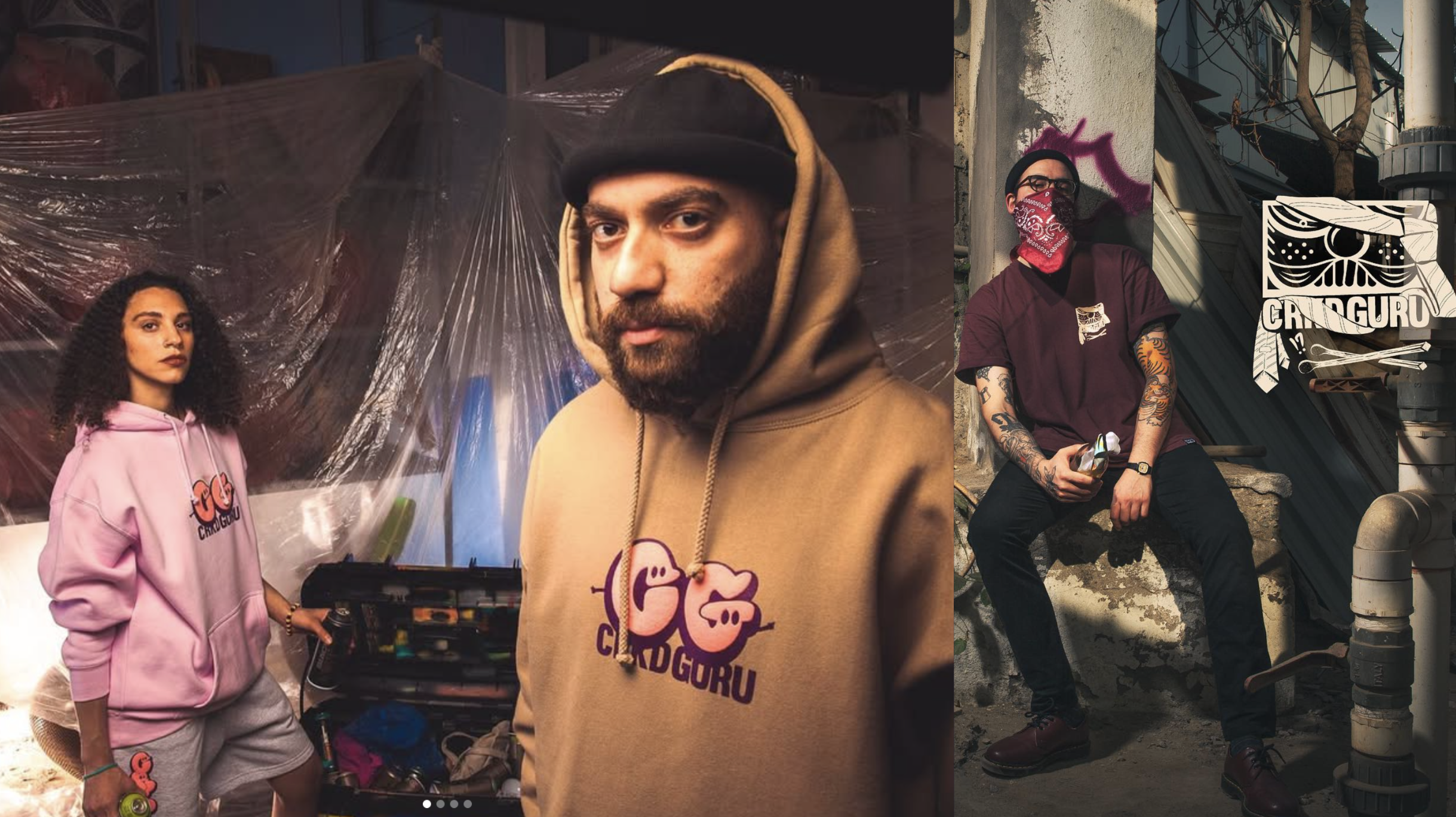 Three individuals in urban settings wearing hoodies and masks with "CRKD" and "CRKDGURU" logos; two are seated while one stands in the background.