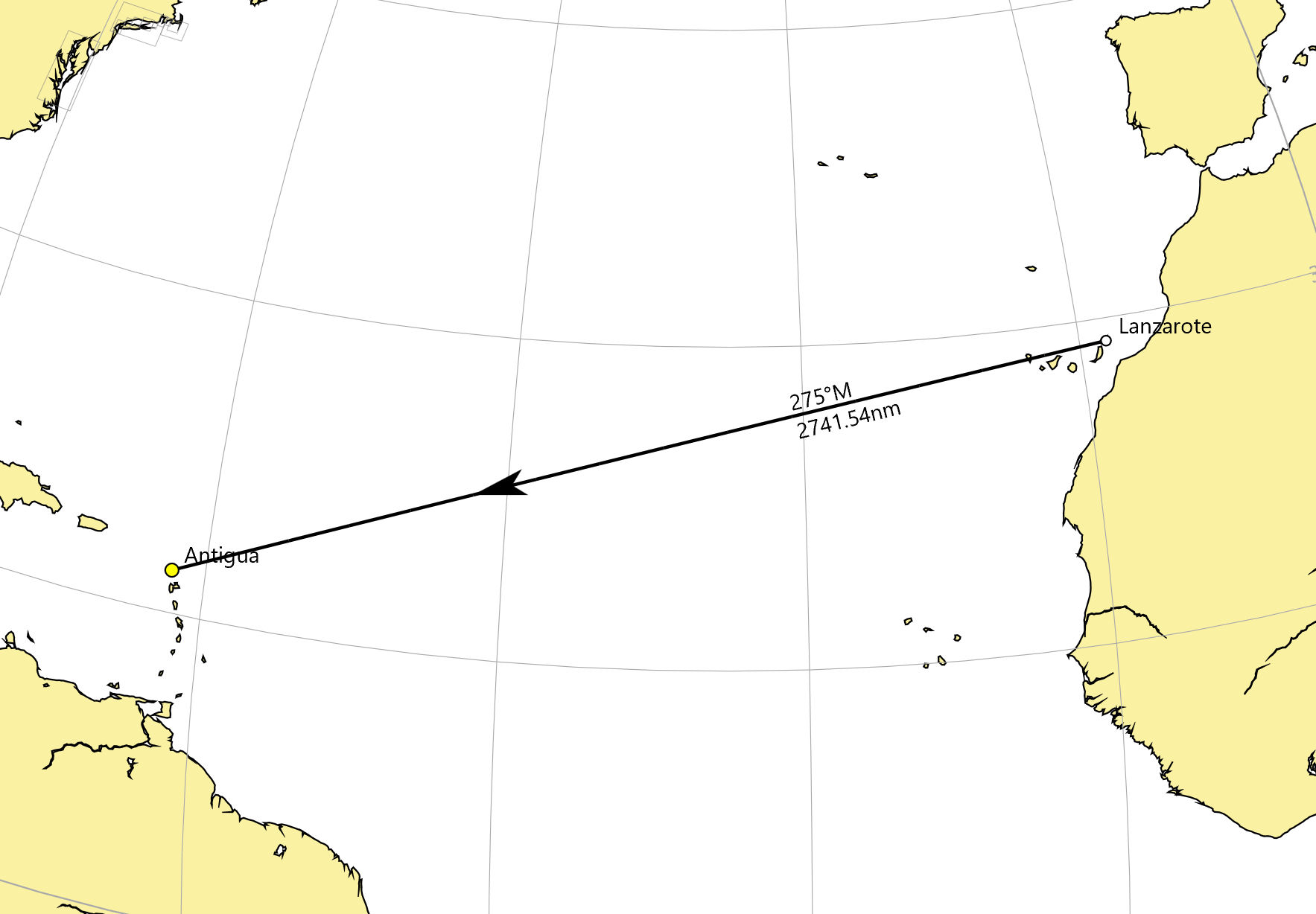 Map showing the flight path from Antigua to Lanzarote with distance and bearing details.
