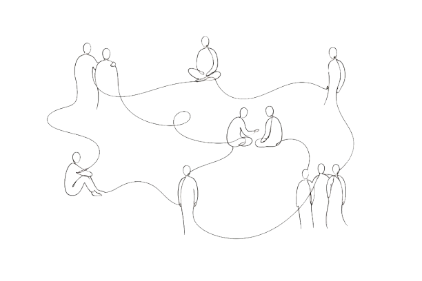 Strichzeichnung von mehreren Personen in verschiedenen Gesprächssituationen, verbunden durch Linien, auf schwarzem Hintergrund.