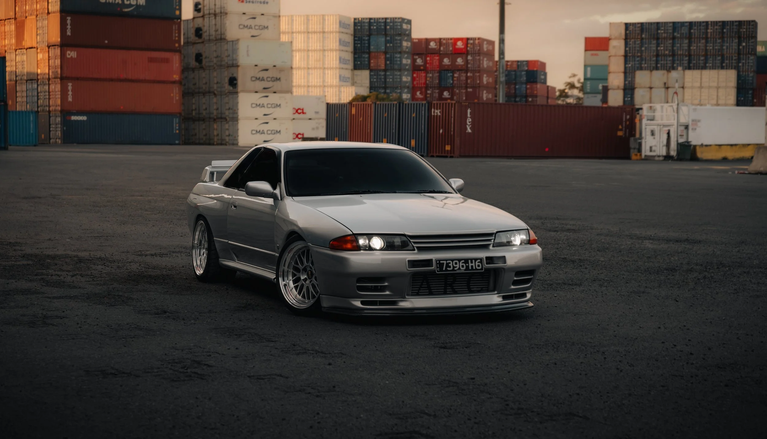 Nissan R32 GTR Skyline, GTR photo, dock photo, car photos, jdm at the docks, melbourne cars, melbourne docks, BBS whels, bbs wheels, BBS LM's, silver r32. lowered car.