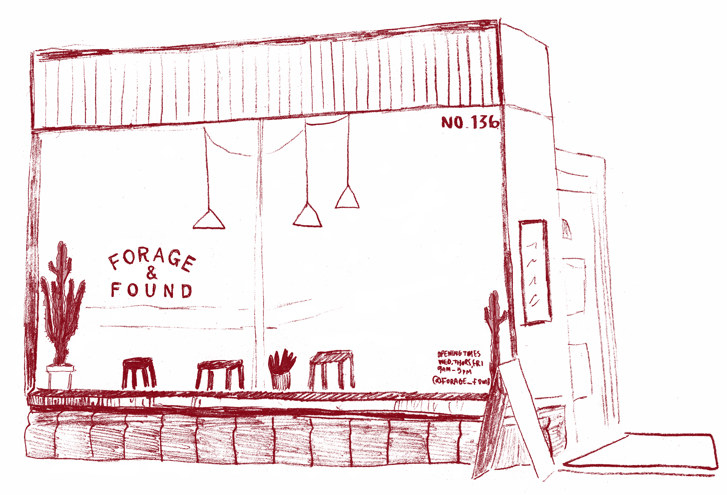 A building with a hand painted sign on the window that reads "Forage & Found".  There are plants and stools inside, and the building has victorian burgundy tiles below the window.