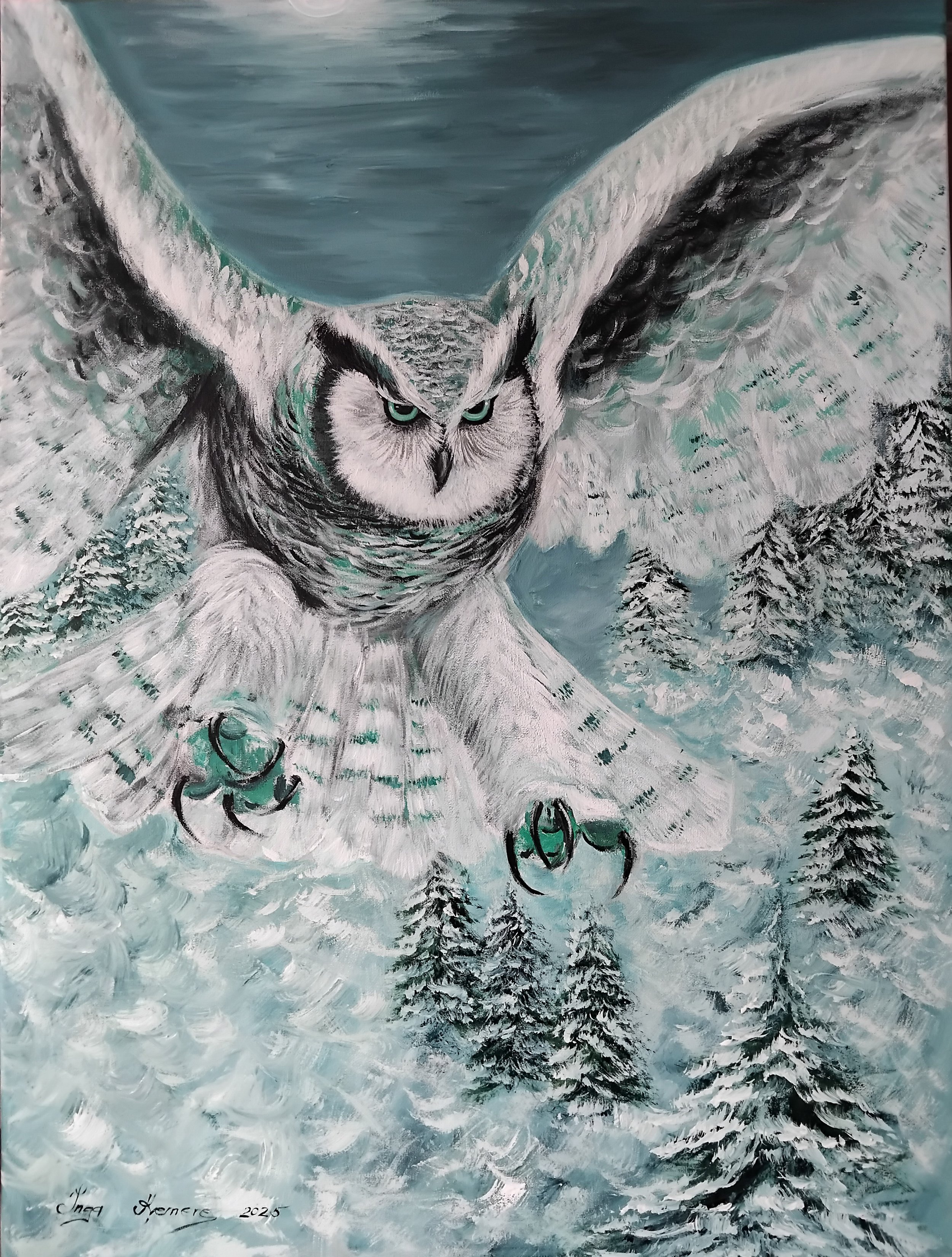 Painting of a majestic owl flying over snow-covered trees in a winter landscape.