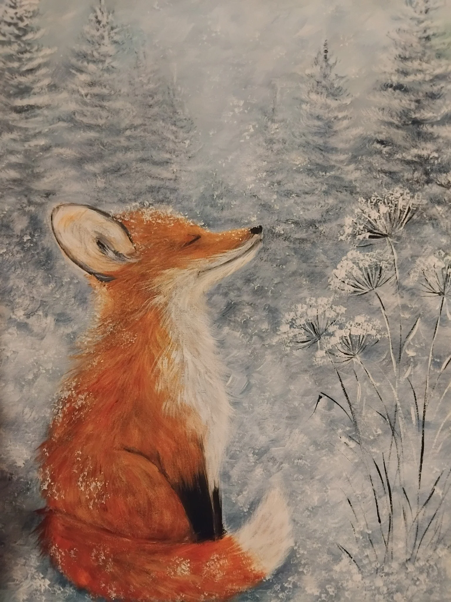 A painting of a red fox sitting on snow with its eyes closed, surrounded by snow-covered plants.