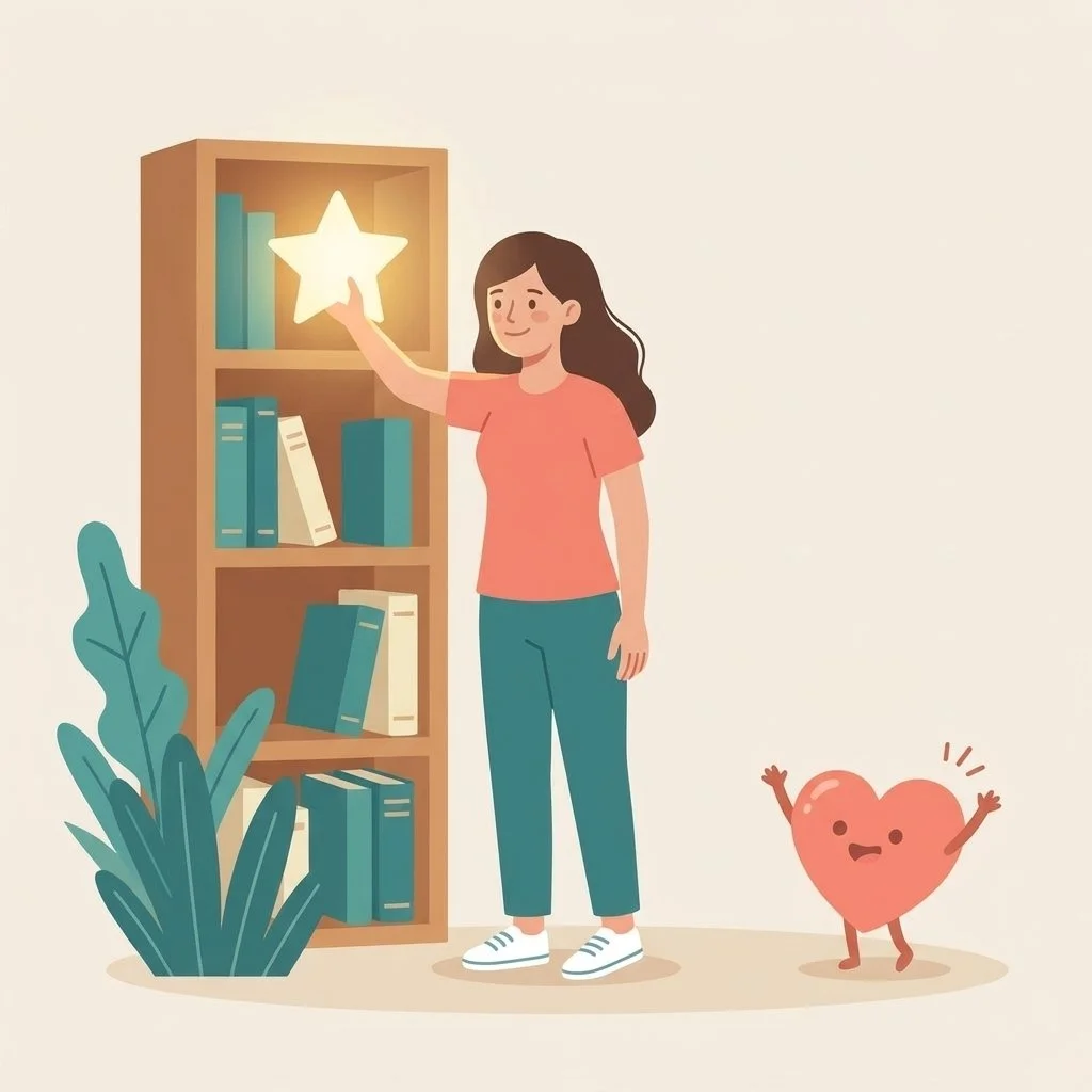 A girl placing a glowing star on a bookshelf with books, next to a happy anthropomorphic heart character.
