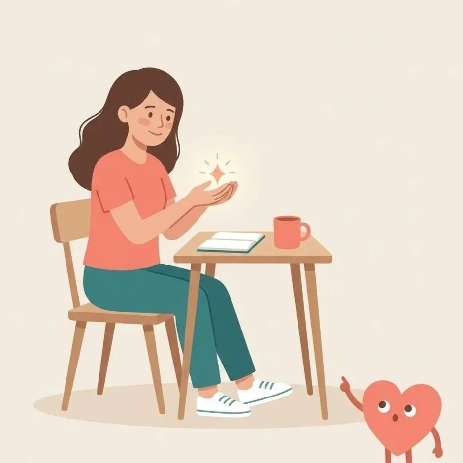 A woman sitting at a wooden table, holding her hands out with a spark of light, a book and a mug on the table, and a cute animated heart character pointing at her.