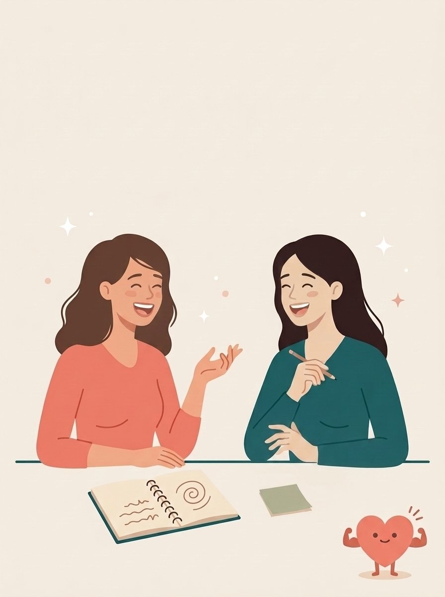 Two women are sitting at a table, smiling and talking. One woman is holding a pen, and there is an open notebook with spiral binding and notes, along with a small rectangular object on the table. A cartoon heart with arms and legs is standing on the table, flexing its muscles.