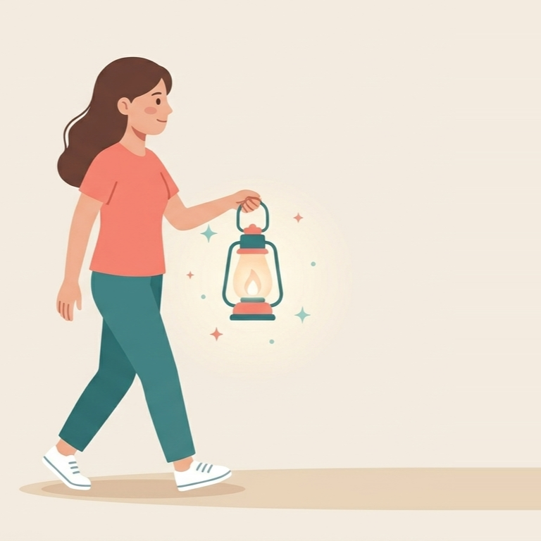 A woman with brown hair, wearing a pink shirt, teal pants, and white sneakers, walking and holding a lit lantern.